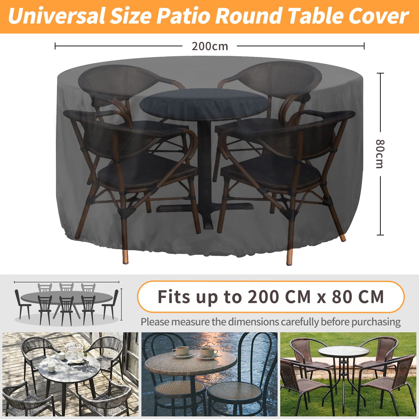 RICHIE Housse ronde imperméable pour meubles de jardin - Grande taille - 200 x 80 cm - Résistante au vent et aux UV - Noir