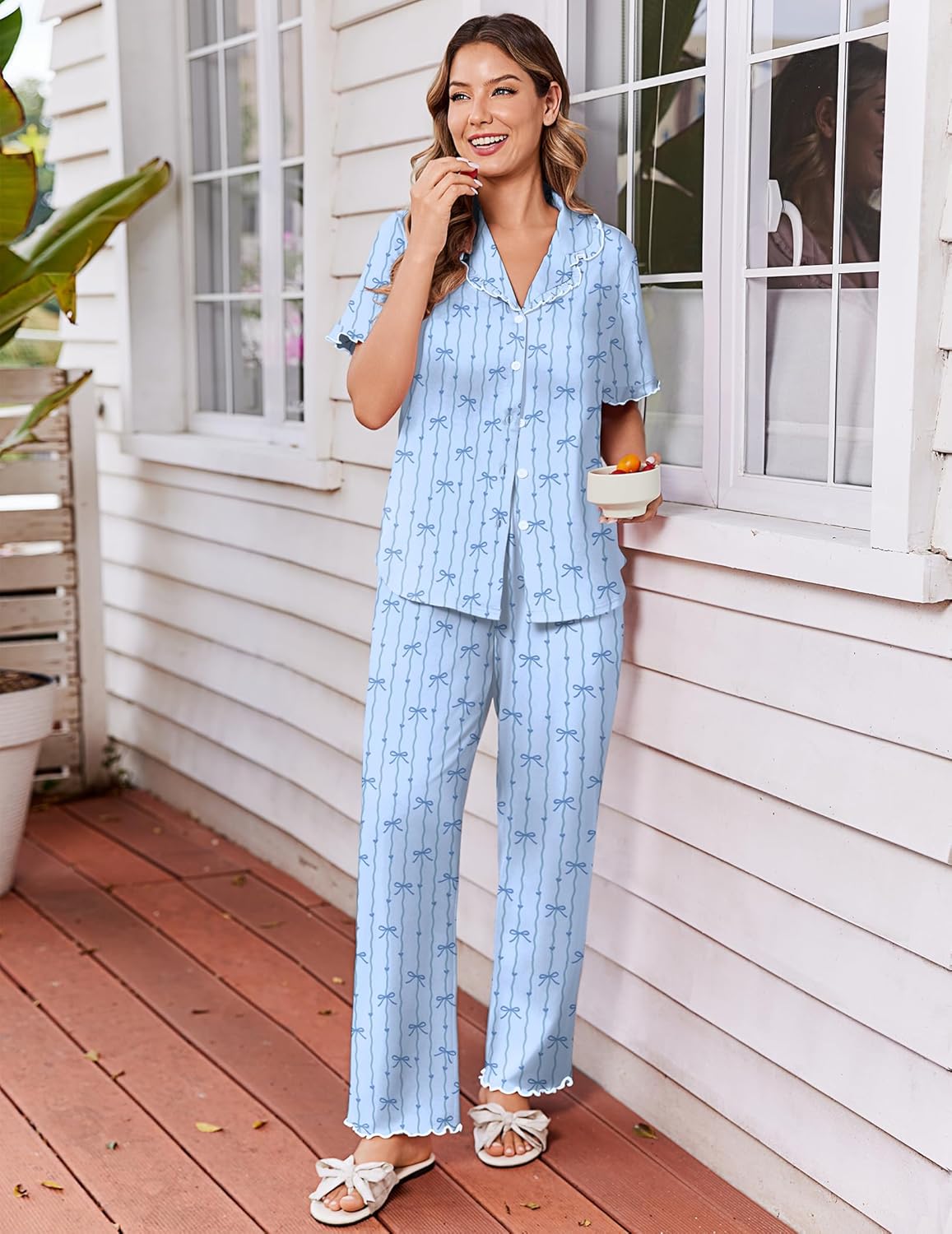 Ekouaer Womens Pajama Sets Ruffle Sleeve Printed PJs 2 Piece Button Down Sleepwear Comfy Loungewear with Pockets