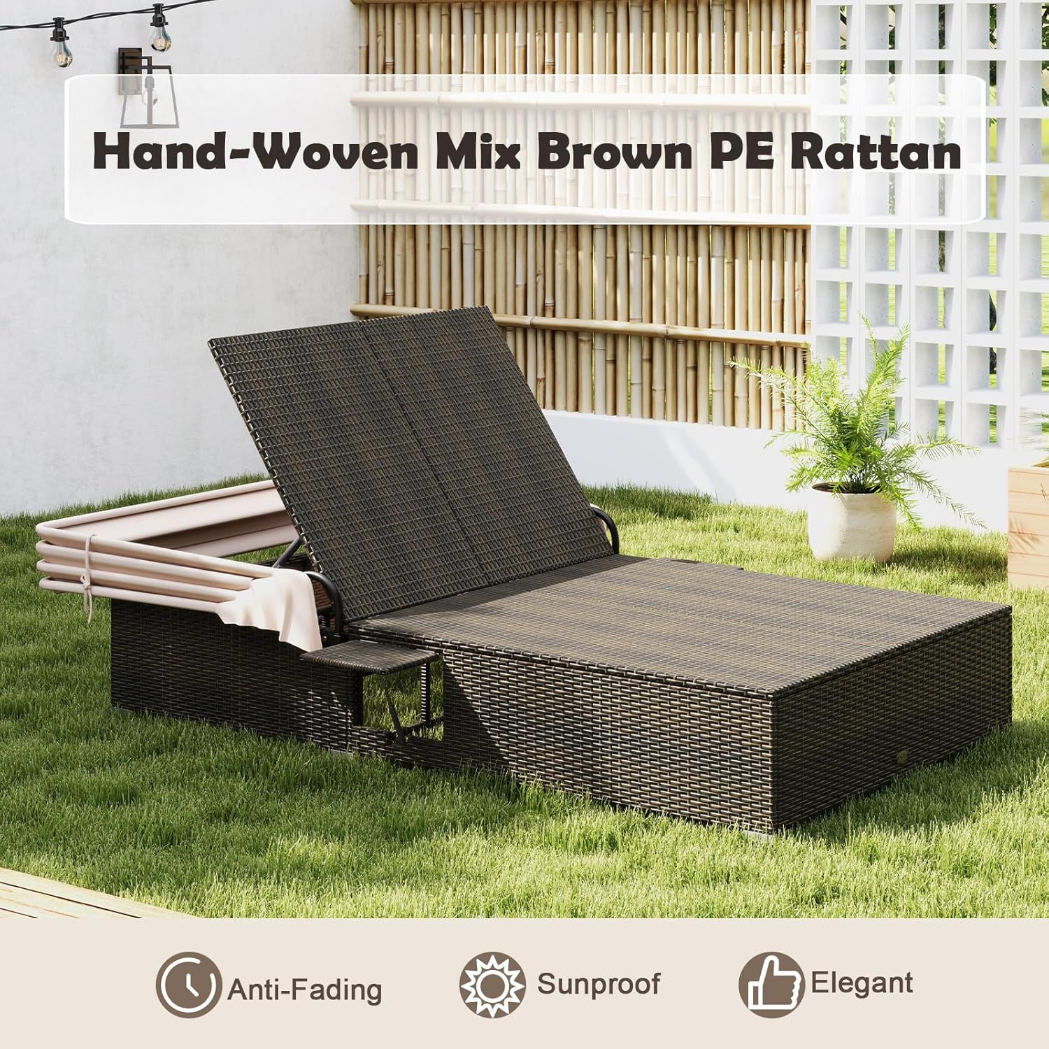 Tangkula Outdoor Rattan Daybed with Canopy & 6-Level Adjustable Backrests, 2-Person Wicker Recliner Bed with Cushions & Folding Side Trays, Double Sunbed Lounger for Balcony, Backyard & Poolside
