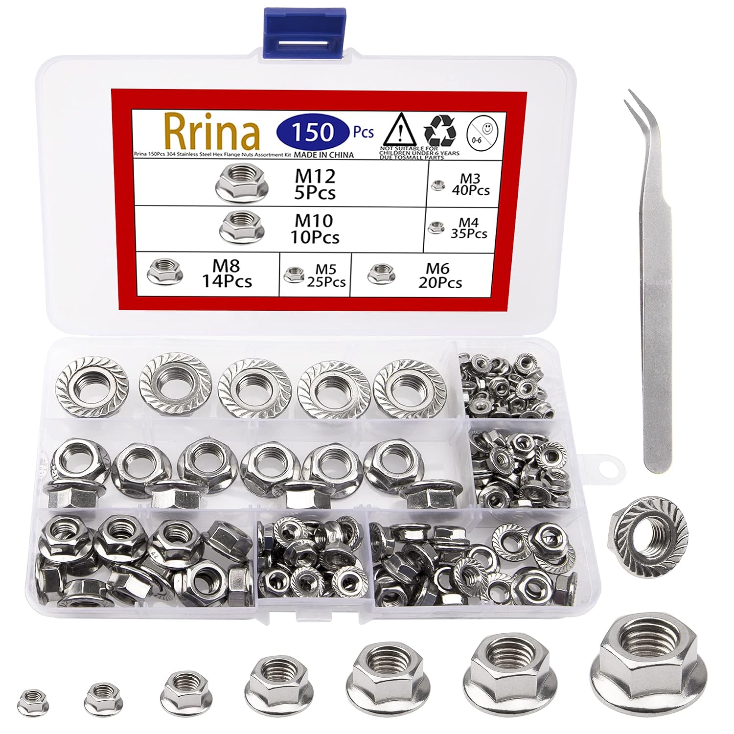 150Pcs 304 Stainless Steel Hex Flange Nuts Assortment Kit M3 M4 M5 M6 M8 M10 M12