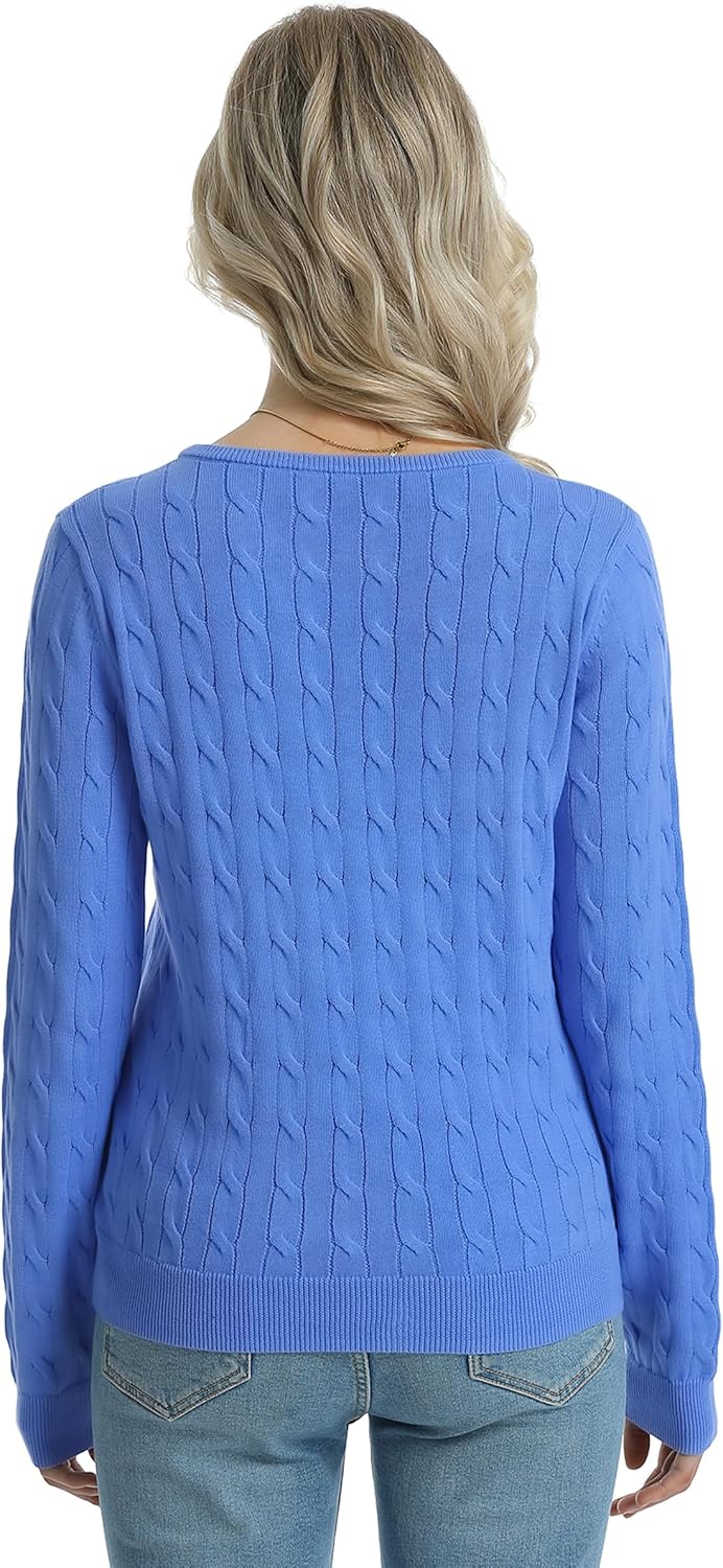 QUALFORT Womens 100% Cotton Cable Knit Sweater Lightweight Crewneck or V Neck 2026 - Image 4