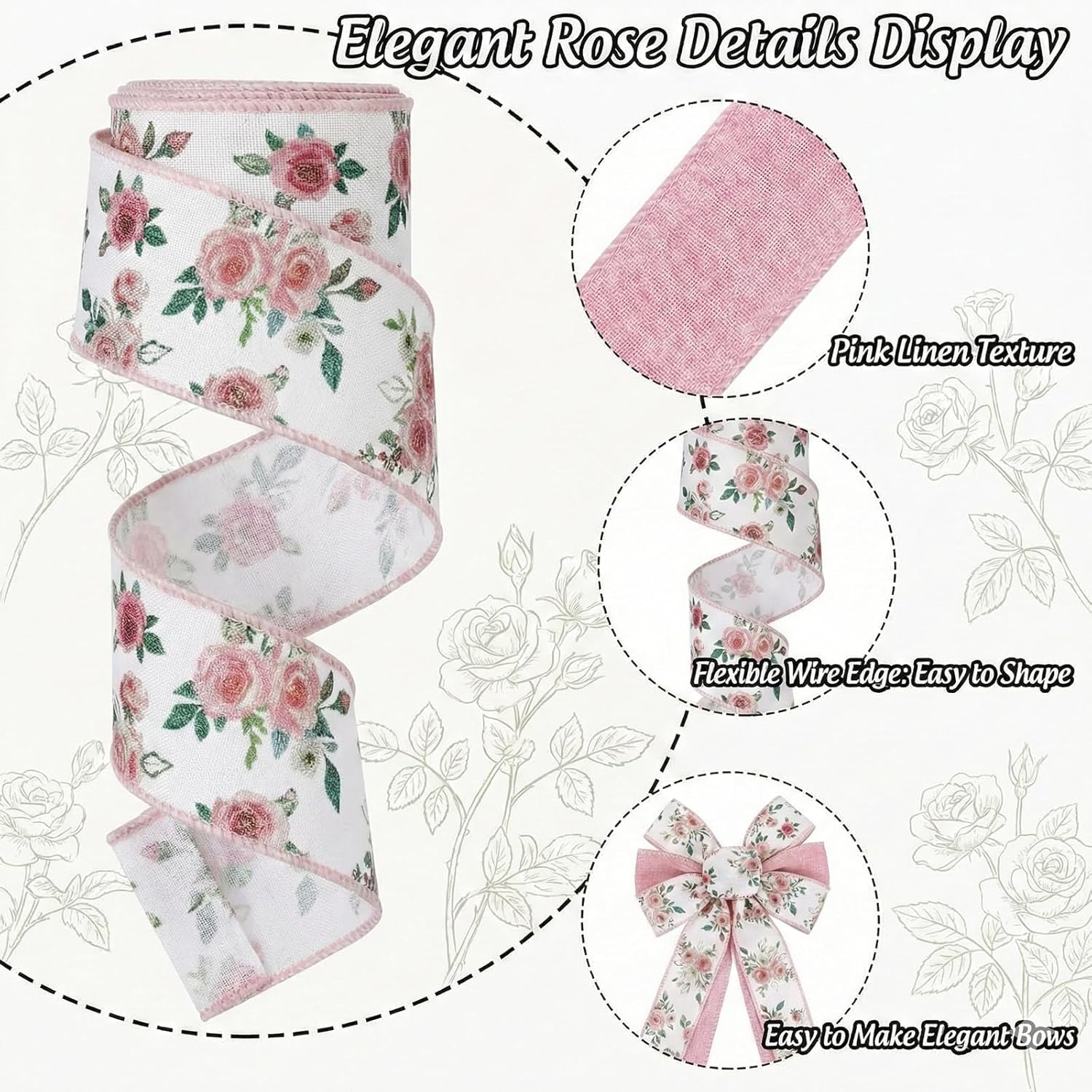 Spring Wired Ribbon 4 Rolls Green Red Floral Fabric Ribbons 1.5 Inch x 24 Yards Set Summer Flower Pattern for Wreaths Bows Making Gift Wrapping DIY Crafts Party Decor