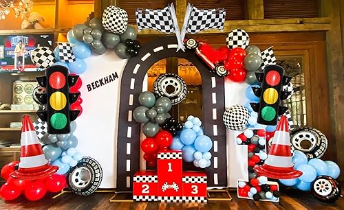 Miniatura 5 de Globo de decoración de fiesta de cumpleaños de coche de carreras, globos de papel de aluminio, cono de tráfico, bandera a cuadros, ruedas