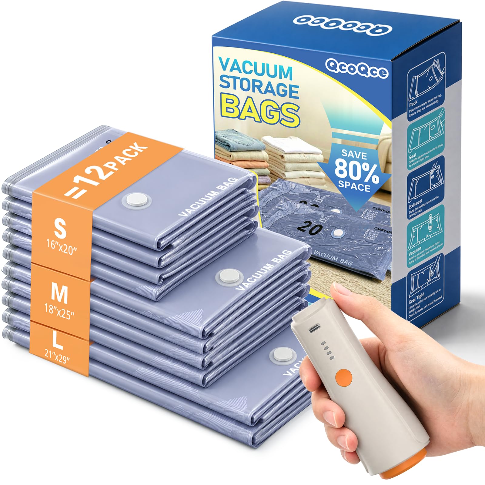 Wireless Vacuum Storage Bags with Pump, 12 Pack (2L/4M/4S/2XS), Space Saving Bags for Travel, Moving & Home Organization, Compression Packing Cubes for Suitcase, Closet & Cruise Must Haves
