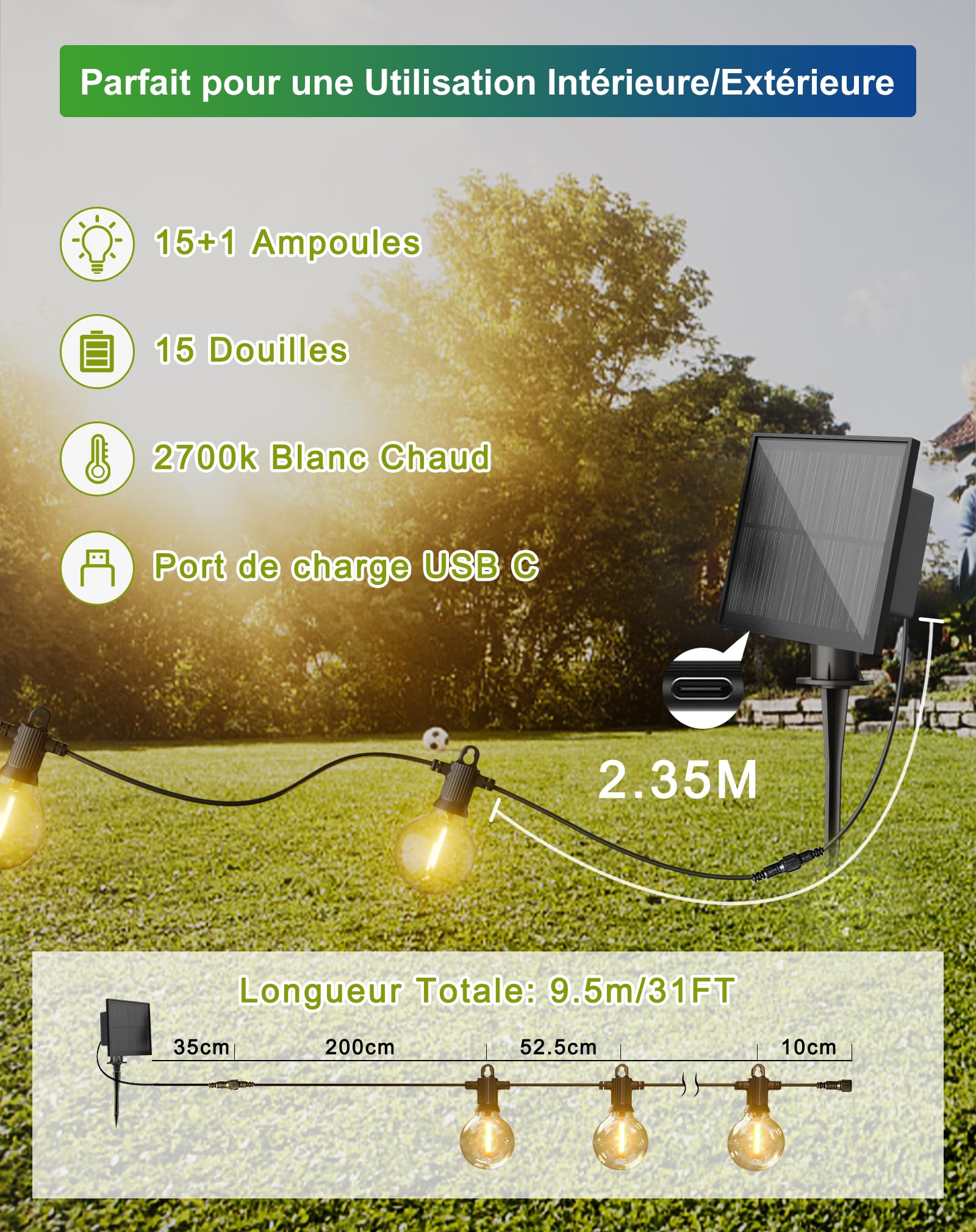 Zuske 9.5M Guirlande Solaire Extérieur, 15+1 LED Ampoules Guirlande Lumineuse Extérieure, 5 Modes, IP65 Guirlande Guinguette Solaire pour Patio, Jardin, Partie, Anniversaire, Mariage - Blanc Chaud