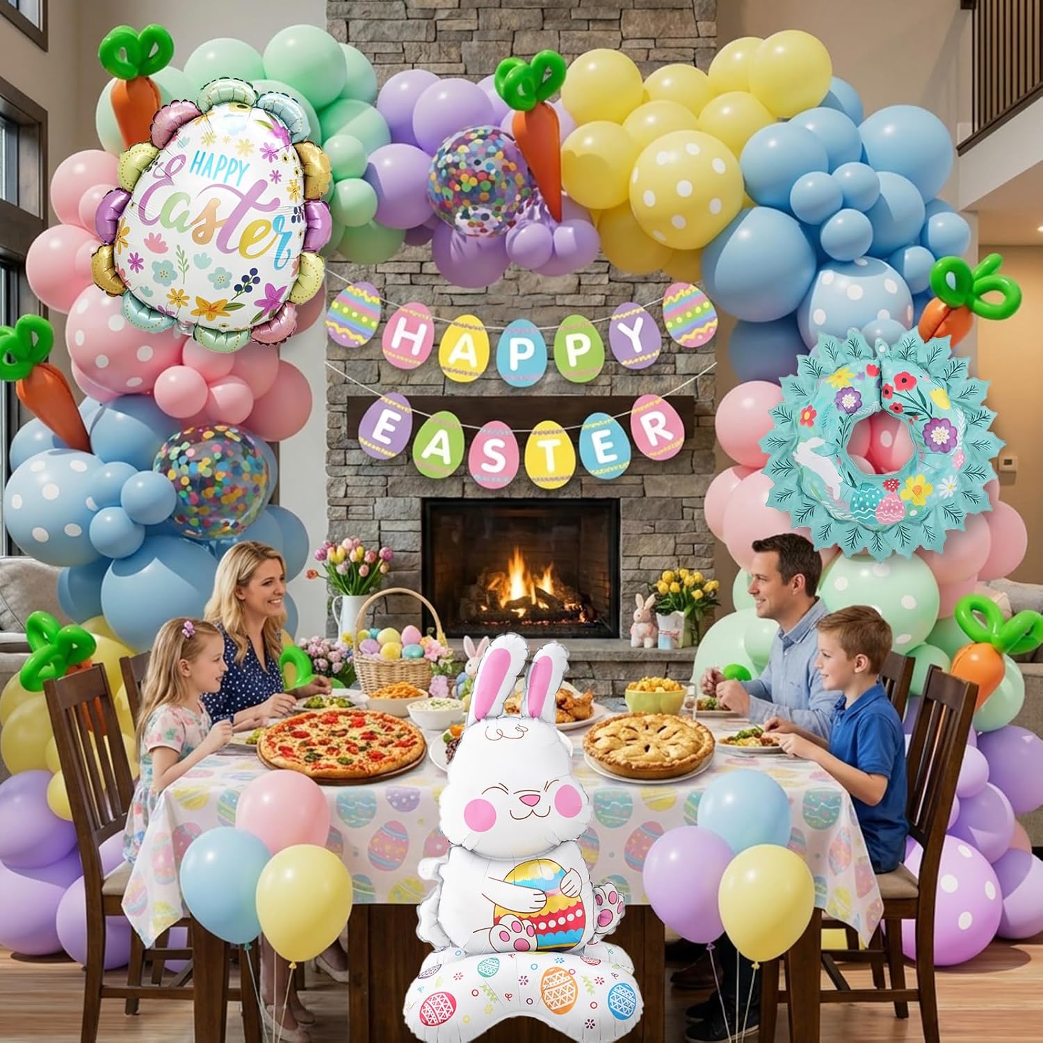 Bonropin Easter Balloon Garland Arch Kit with Pastel Happy Easter Balloons and Bunny, Carrot, Resurrection eggs, Easter wreaths Foil Balloons for Baby Shower Party, Spring Birthday, Easter Decorations