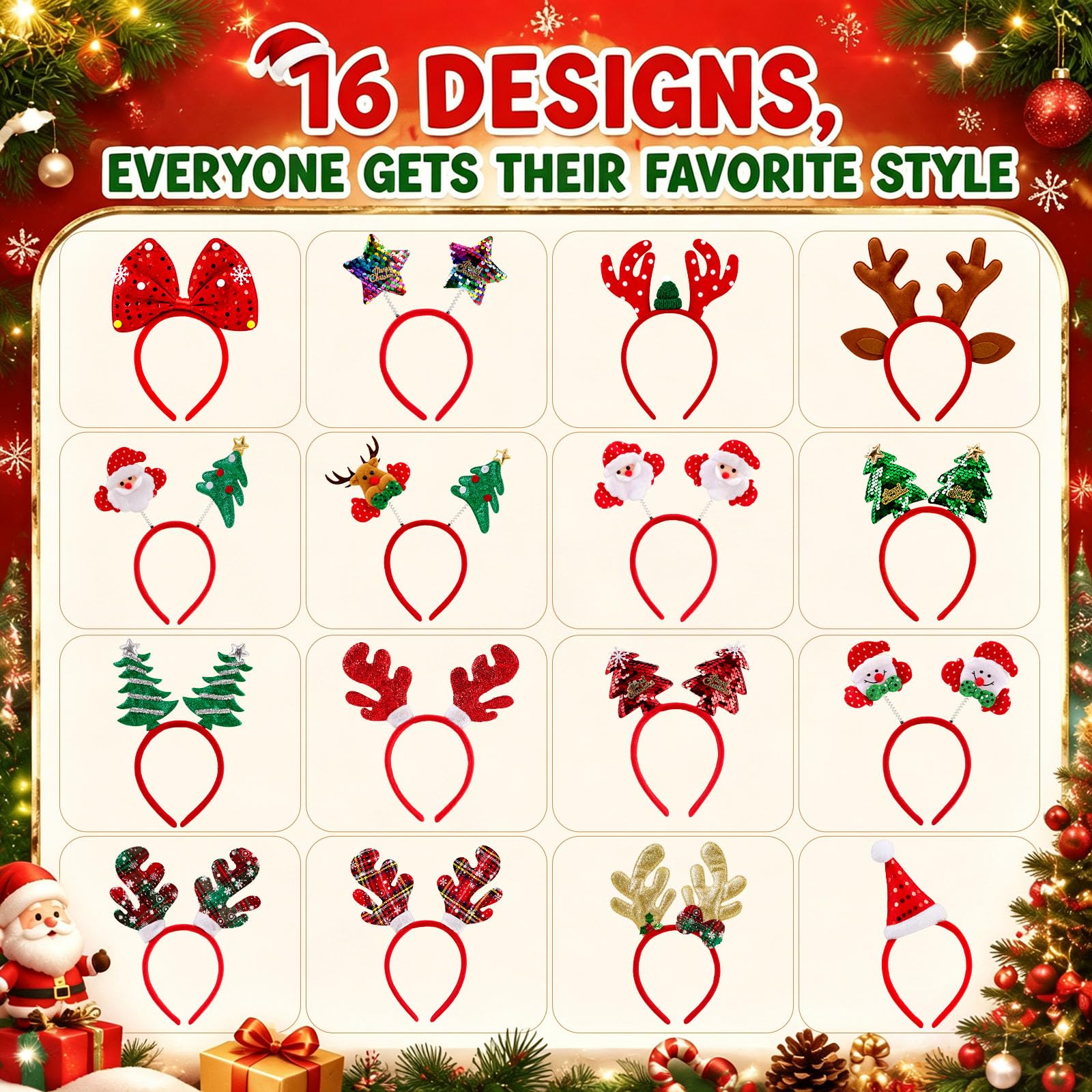 LovesTown 16PCS Christmas Headbands, Assorted Holiday Party Headbands