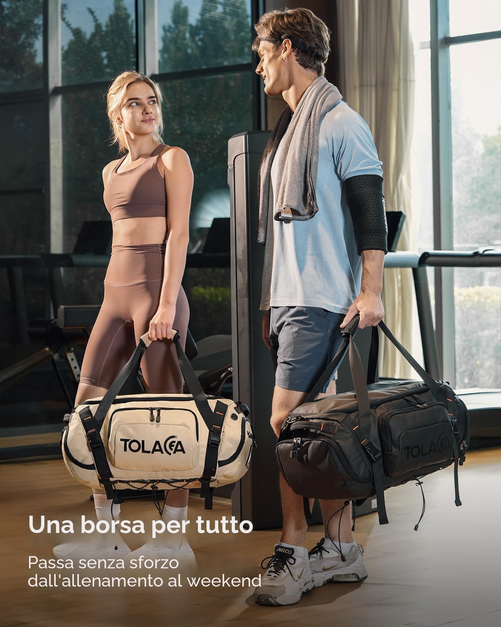 Tolaccea Borsone Palestra per Uomo e Donna 55L Grande – Zaino da Viaggio Convertibile con Scomparto Scarpe, Tasca Umida e Portatile 15,6" – Impermeabile per Sport e Viaggi (Nero)