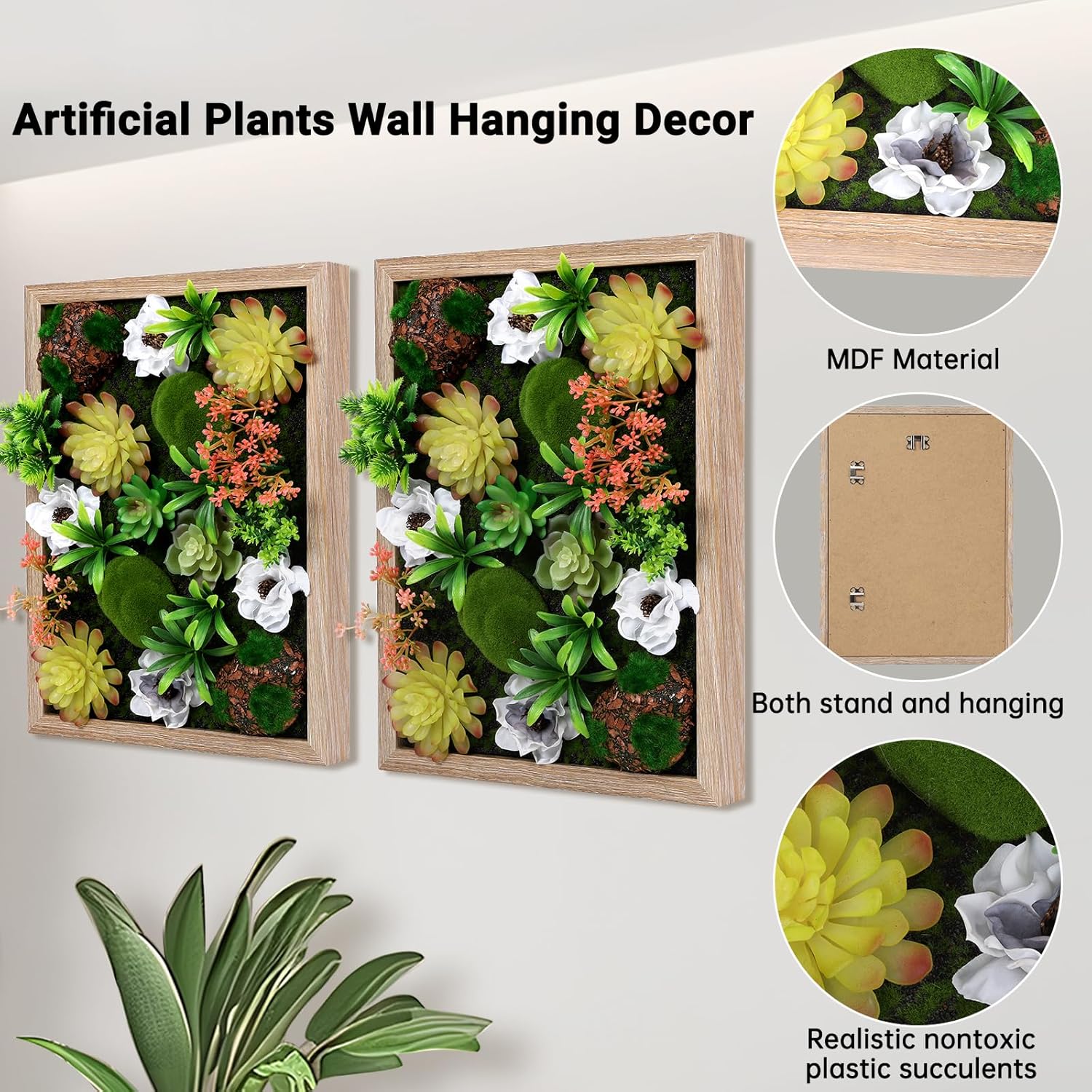 3D Artificial Succulent Floral Framed Faux Succulents Desk Plants for Table and Hanging Wall Decor for Room Decoration Background Living Outdoor(12x16 inch)