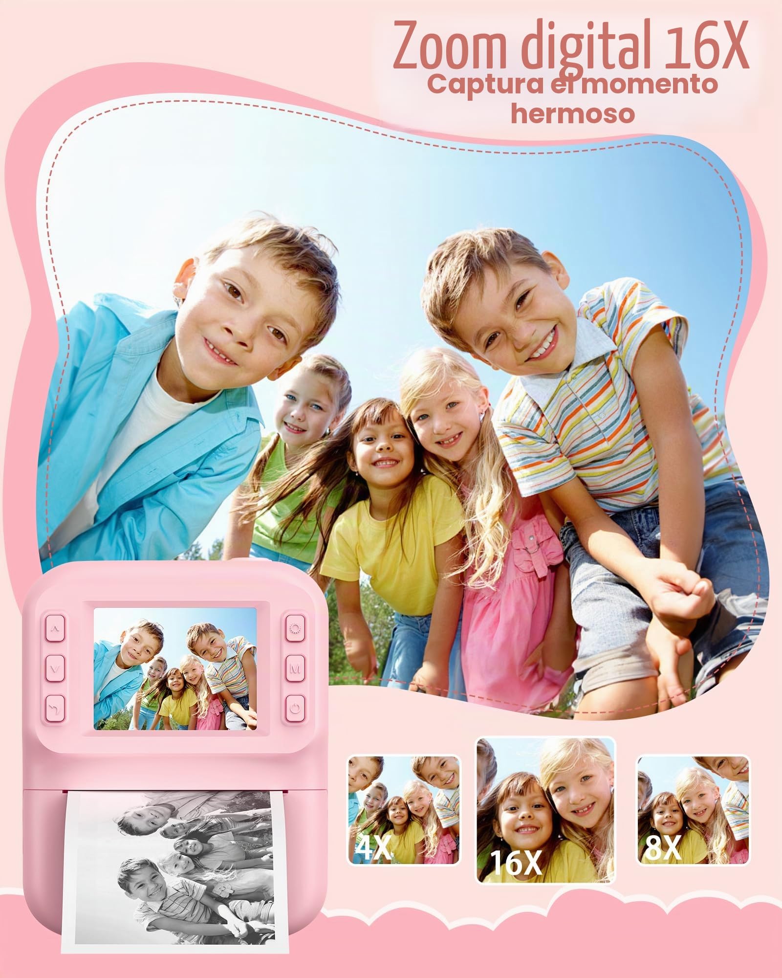 Camara de Fotos Instantaneas, Pantalla HD de 2.4 Pulgadas, Resolución de 48 MP, Vídeo HD 1080p, Incluye 32 GB Tarjeta y 3 Rollos de Papel Fotográfico, Ideal para Niños de 3 a 12 Años (Rosa)