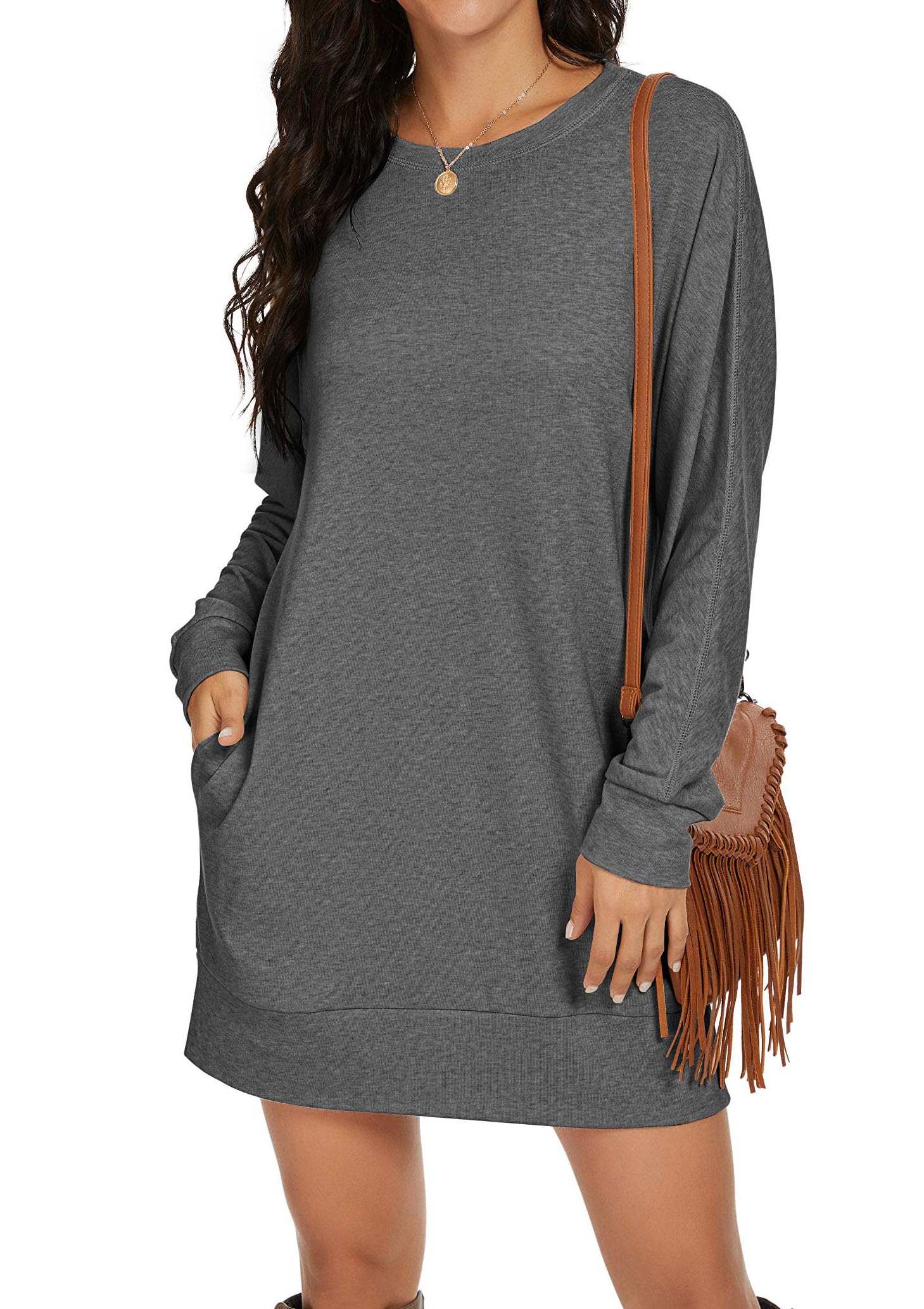 PrinStory Womens Long Sleeves Dresses Casual Loose Round-Neck Tuinc Tops Basic Dress with Side Pockets