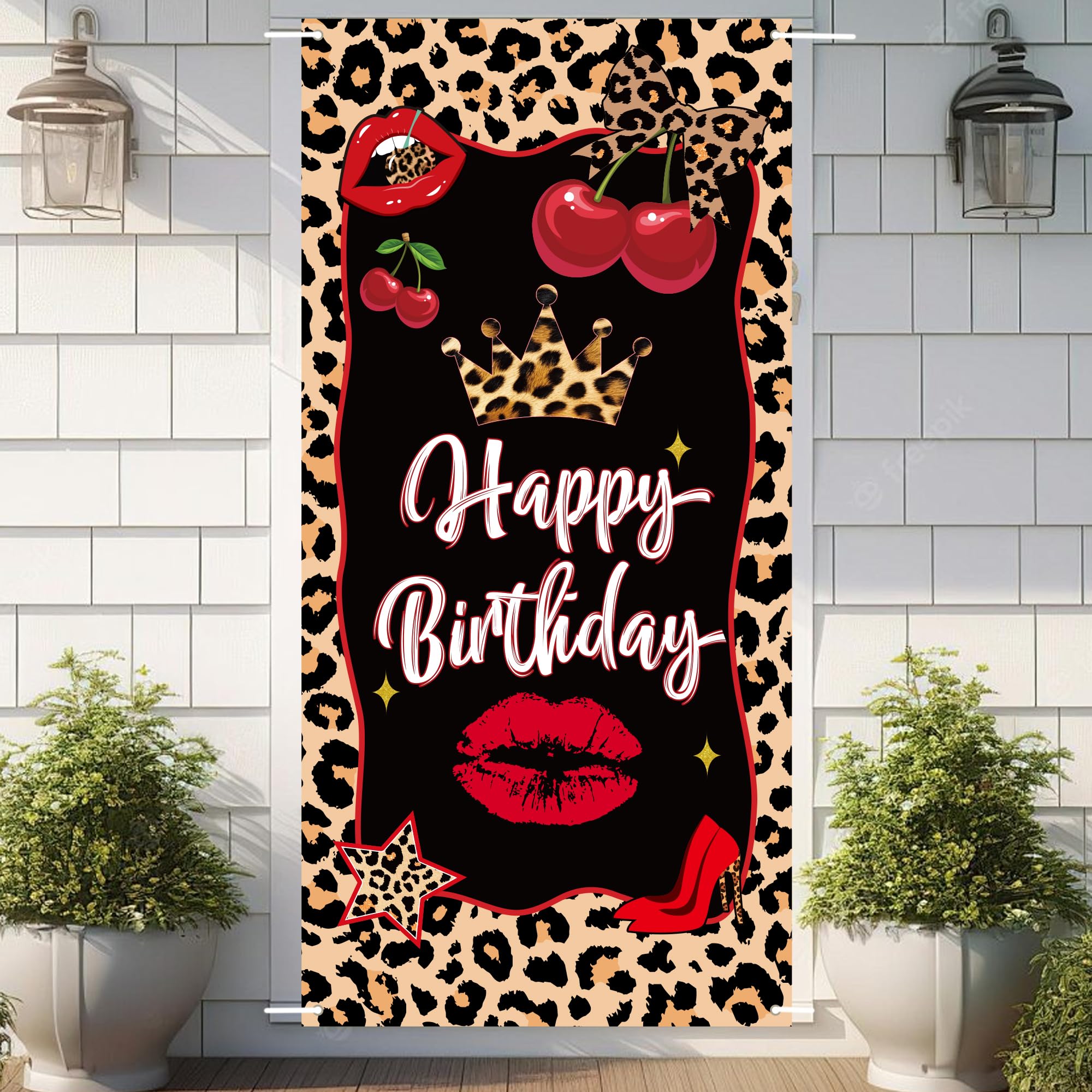 Cheetah Cherry Birthday Decorations Banner - 1 PC Red Black Leopard Print Happy Birthday Backdrop Decor for Girls Women Safari Animal Themed Party Background Cloth, 72.8 × 35.4 inch