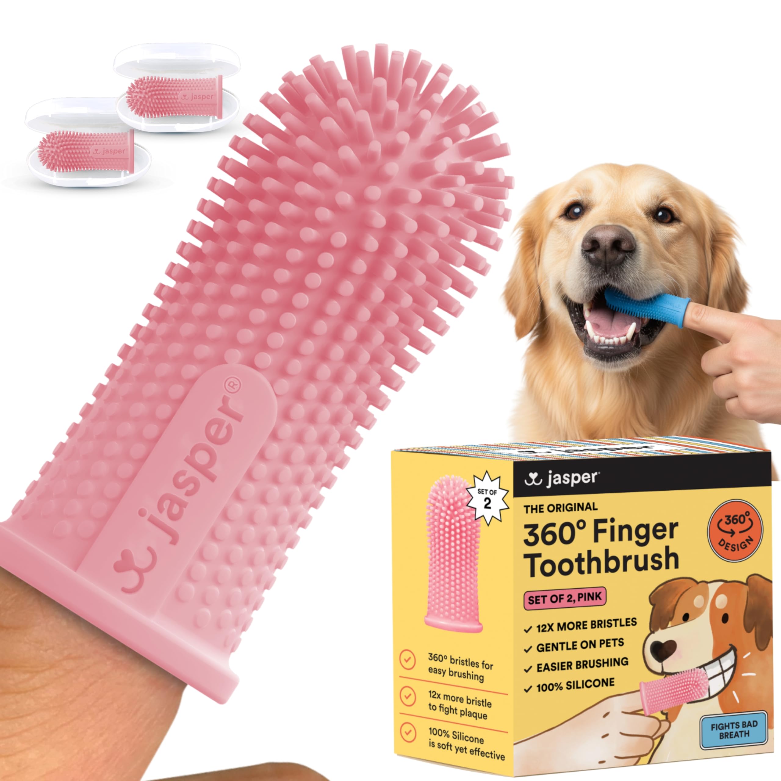 Jasper Dog Toothbrush, 360 Degree Pet Tooth Brushing Kit, Cat Toothbrush, Canine Dental Care & Teeth Cleaning Kit, Pet Finger Tooth Brush, Use with Dog Toothpaste, 2-Pack Pink