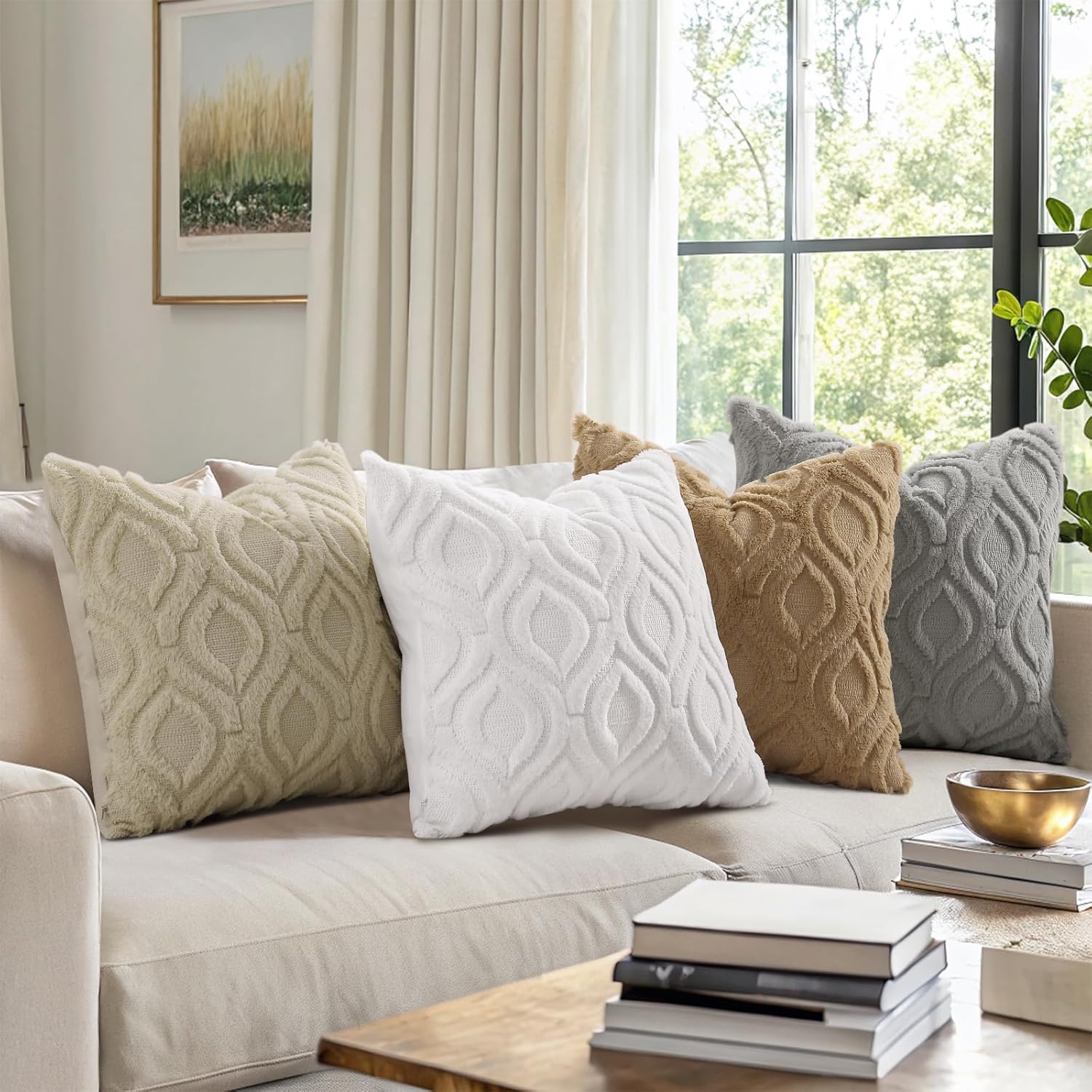 decorUhome Set of 4 Spring Throw Pillow Covers 20x20 Inch, Neutral Decorative Soft Plush Faux Wool Couch Pillow Covers, Farmhouse Pillow Cases for Sofa Bed Living Room (Beige/Cream)