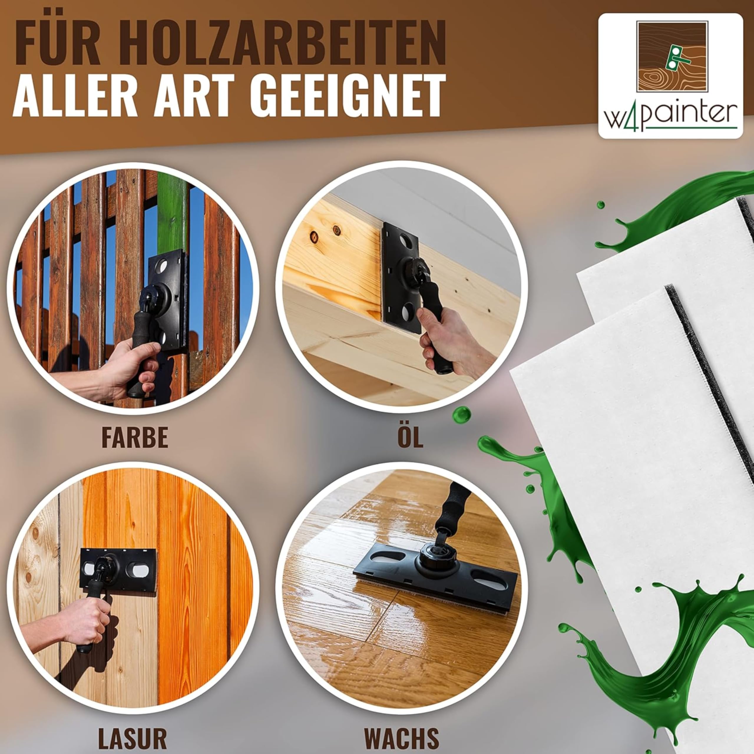 W4 Flächenstreicher für Holz - 3er Streichset Holz - ideale Pinsel Alternative - Streichwerkzeug für Lasuren, Farben, Öle, Versiegelungen - Anstreich Werkzeug