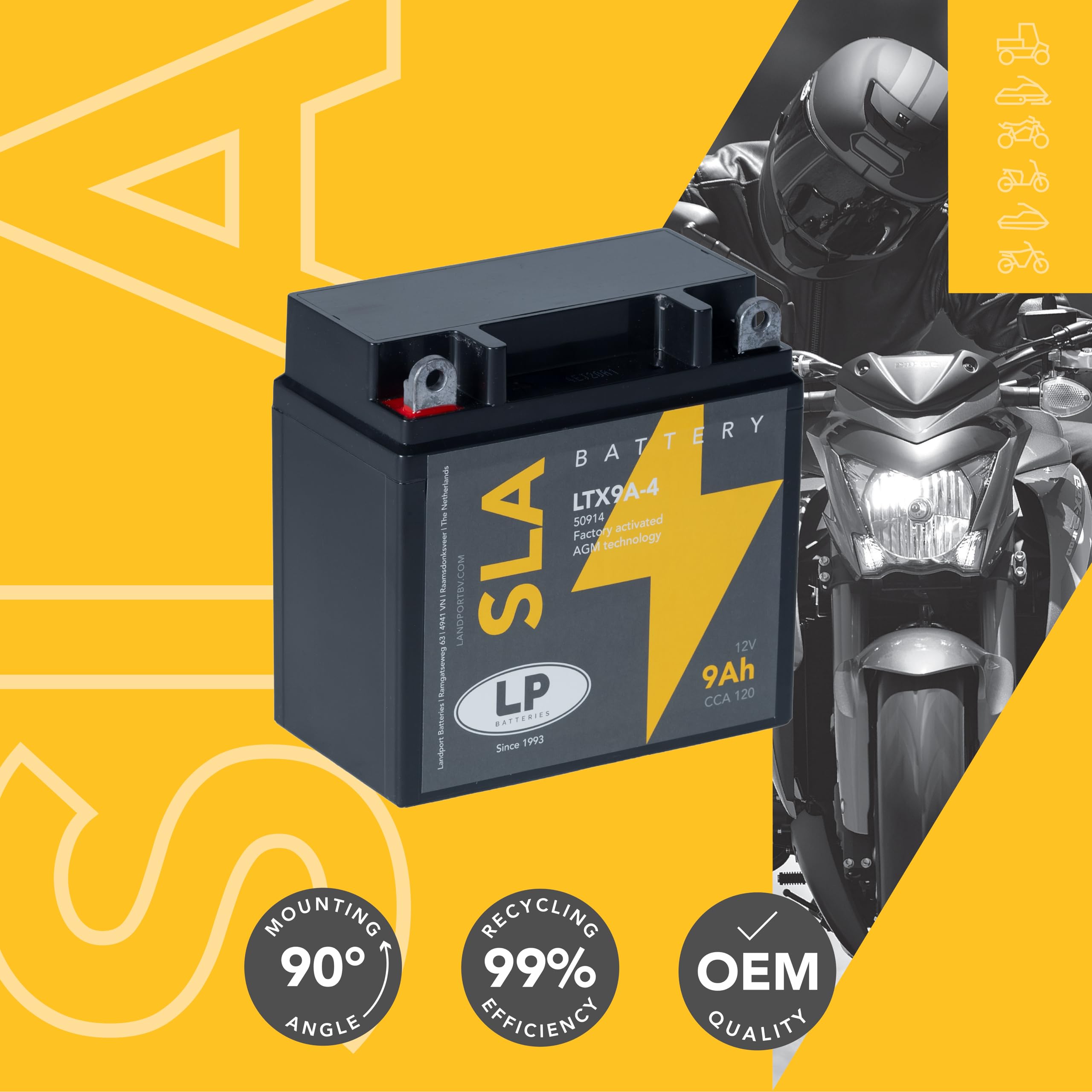 LANDPORT Batterie LTX9A-4 12V 9Ah 135x75x138mm kompatibel für Aprilia RS 125, Piaggio Fly 125, Vespa LX 50