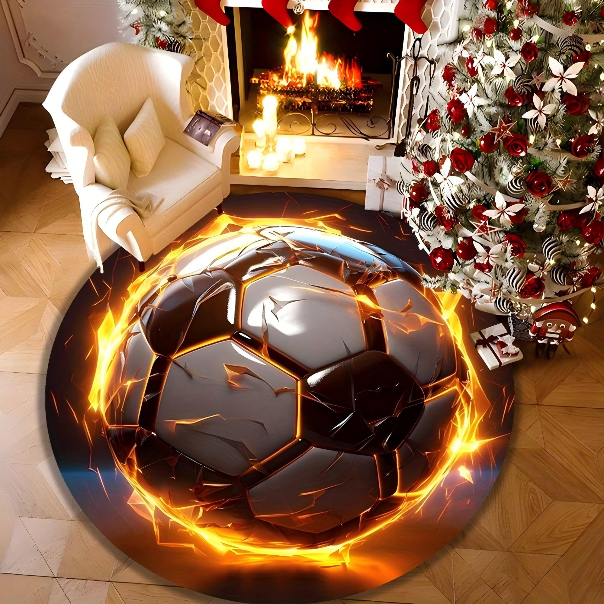 Runder 3D Fußball Teppich, 120x120cm Zerbrochenem Muster, Cooler Flammen Sportteppich, Sportlicher Kinderzimmerteppich Jungen, Rutschfester, Waschbarer Runder Bodenteppich Teenager Spielzimmer