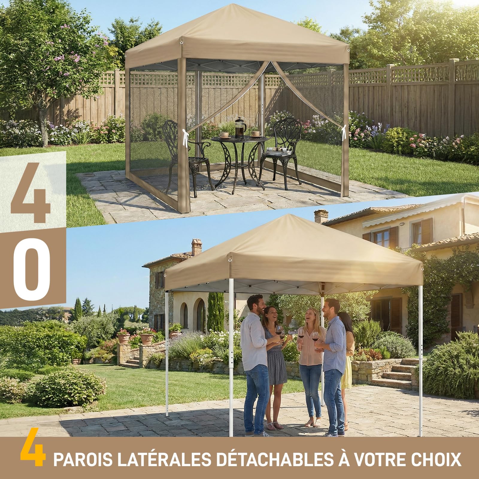 LEADZM Tonnelle Pliable 3x3 m Imperméable Anti-UV 50+, Hauteur Ajustable avec 4 Moustiquaires, Structure Stable, pour Jardin, Terrasse, Camping Et Usage Professionnel,Kaki