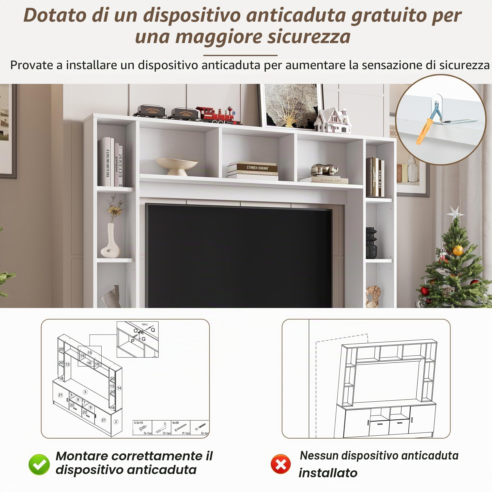 Set parete attrezzata TV 180*35*170 cm con vetrina, parete multimediale incl. set mobile TV e scaffale, set mobili soggiorno TV con 2 armadi, 2 cassetti, 11 scomparti, parete componibile, parete soggi