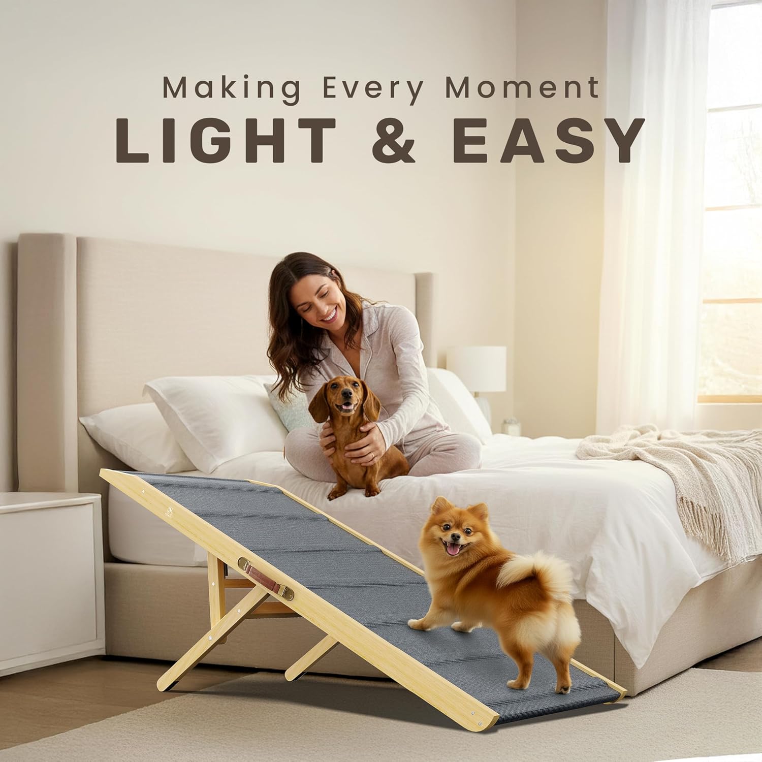 Adjustable Dog Ramp - 45" L x 18.5" W Bed Ramps for Small Dogs with 6 Incline Levels & Non-Slip Traction Carpet - Also Ideal for Medium & Large Breeds (Natural)