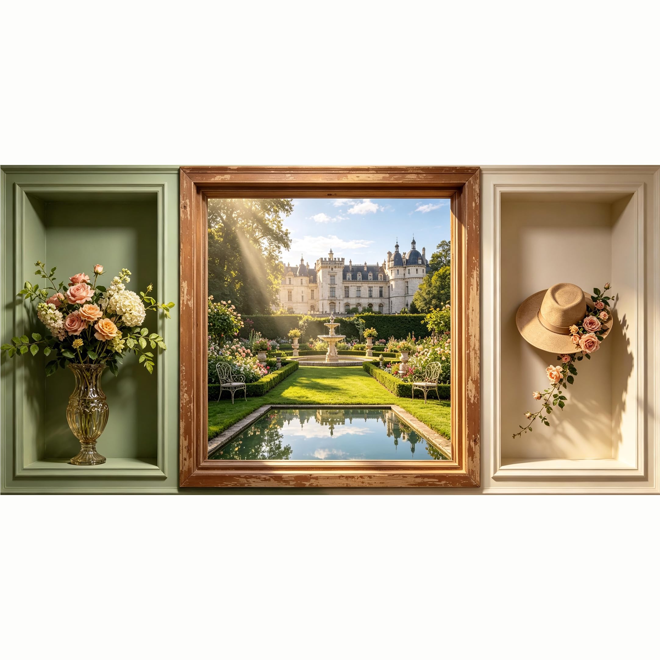 QZLITHOTIC 50x100cm 3D Framed Wall Art， European Castle Garden Landscape with Fountain Self‑Adhesive Mural， Water‑Activated Peel & Stick Fabric Decor Wall Decal for Bedroom Living Room