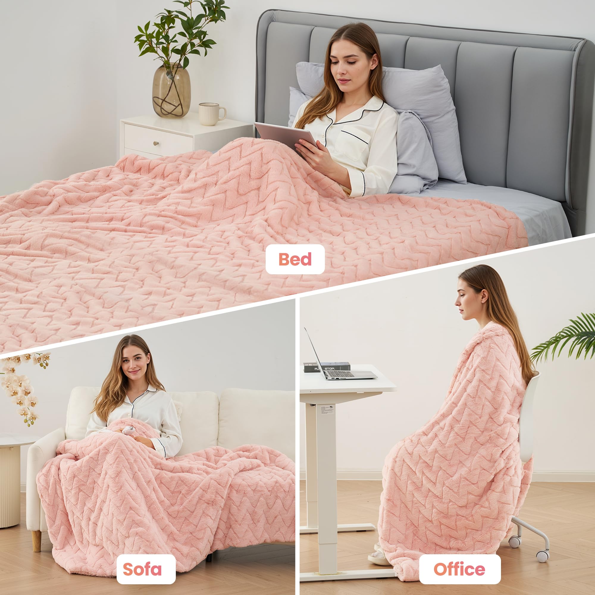 Coperta Elettrica Riscaldante 130x180 cm, Morbida Peluche di Coniglio e Sherpa, 4 Livelli di Temperatura e Spegnimento Automatico 10H, Lavabile in Lavatrice, per Divano Letto Ufficio (Rosa)