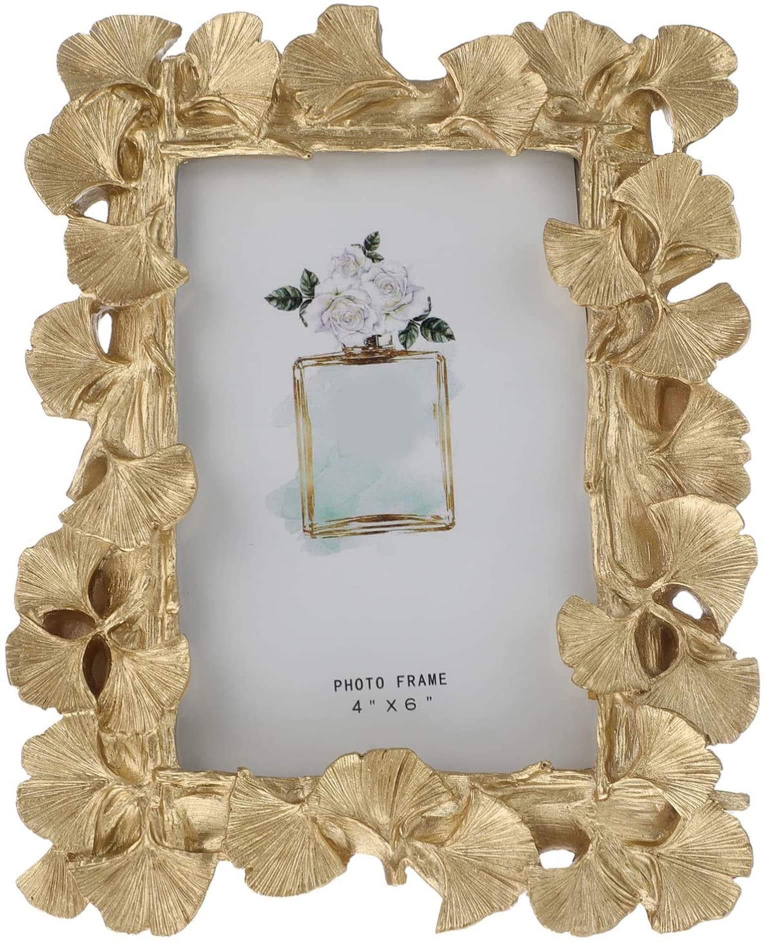 Khazna Photo Frame, Polyresin Picture Frame Gold Ginkgo Leaves for Photo Lovers Home Decoration Ornament Gifts Golden Vintage Table Top Display and Personalized Gallery Wall Hanging Home Decor (Gold)