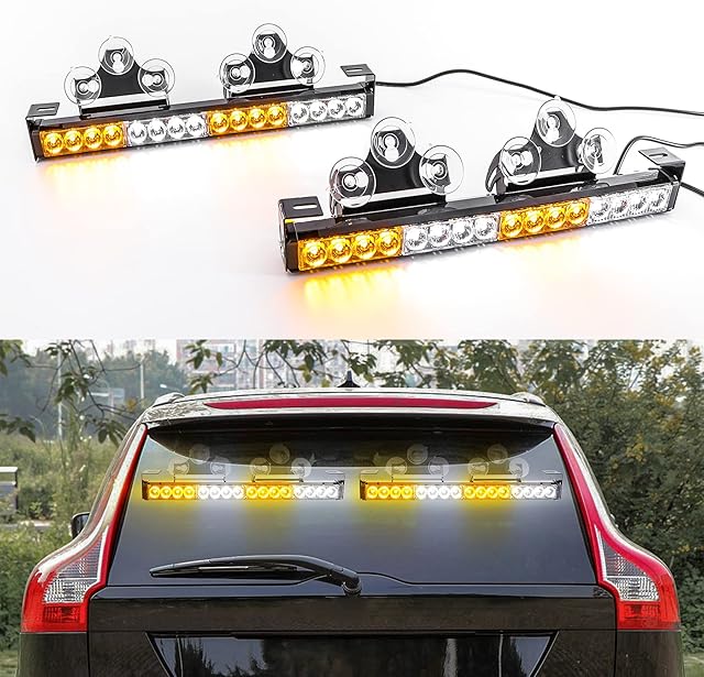 ROUTEKING 2x16.8 inch Emergency Flashing LED Traffic Advisor Strobe Light Bar 32LED 21 Flash Patterns Interior Safety Warning Lights 2 in 1 Windshield Lights Bar with Cigar Lighter (Amber/White)
