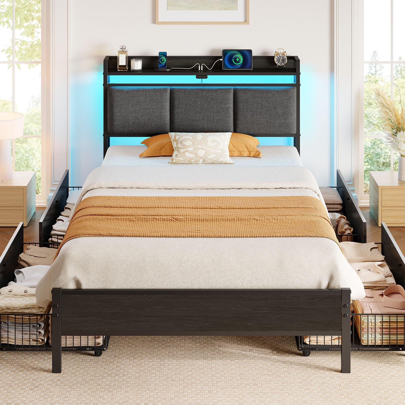 Bed Frame Twin Size with Charging Station and LED Lights, Upholstered Storage Headboard with Drawers, Heavy Duty Metal Slats, No Box Spring Needed, Noise Free, Easy Assembly, Dark Grey