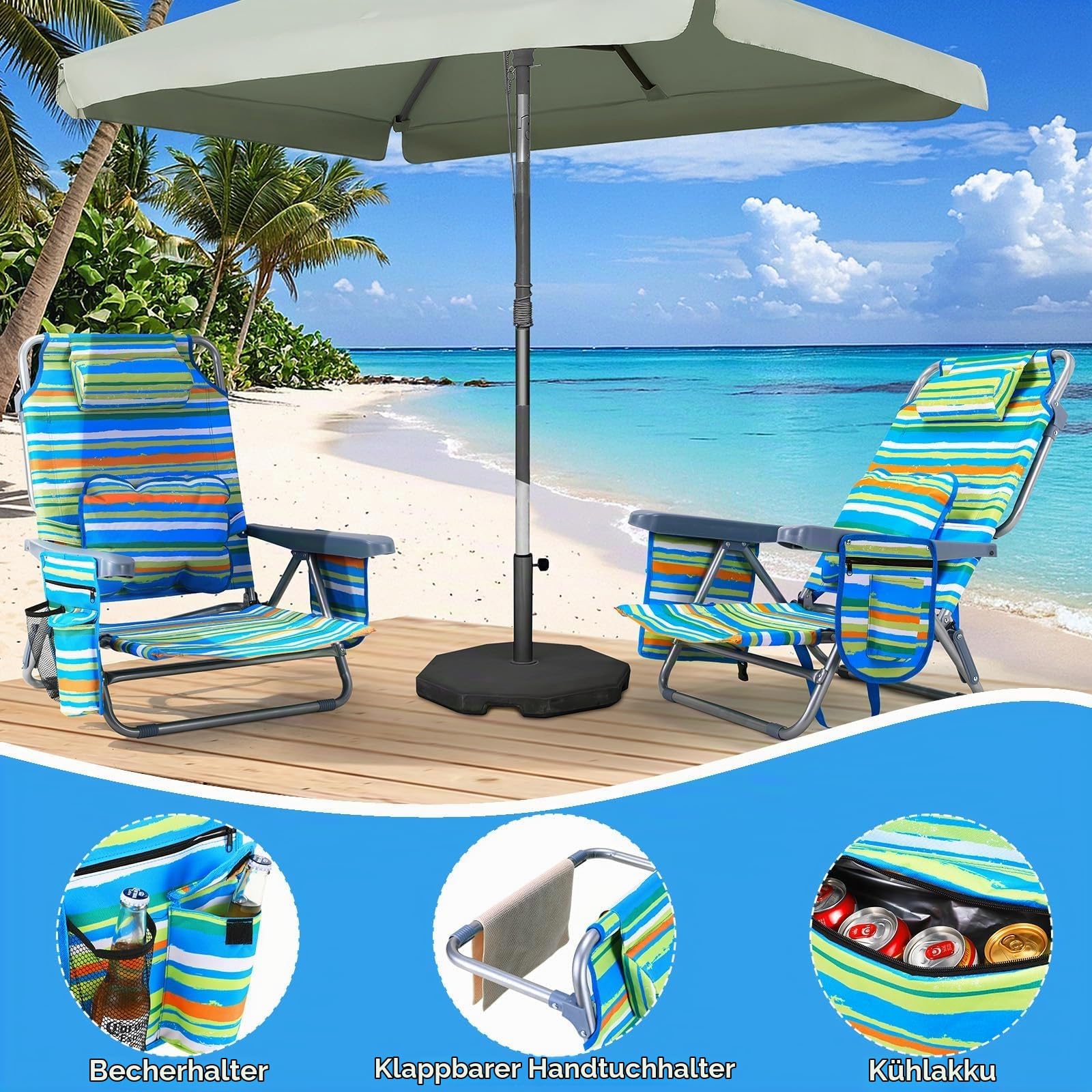 LIFERUN Strandstuhl Klappbar,2er Set,mit Verstellbare Rückenlehne,Grün | Rucksackfunktion, 4-stufig Verstellbar, mit Kühlfach, Kopfstütze, Lendenkissen & Atmungsaktivem Oxford-Gewebe für Outdoor