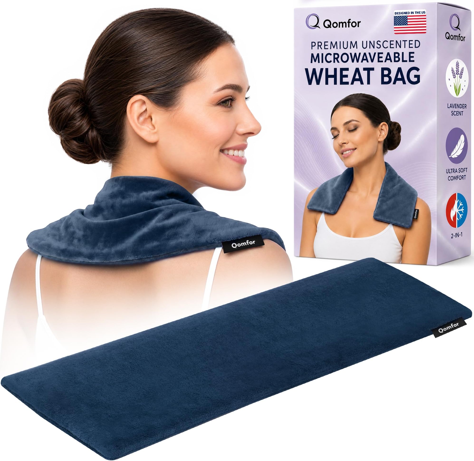 Qomfor - Microwavable Heating Pad - Dark Blue - Lavender Scented Heat Pack - Therapeutic Heat Wrap for Neck, Shoulders & Period Cramps Pain Relief - Reusable Hot/Cold Therapy Bag