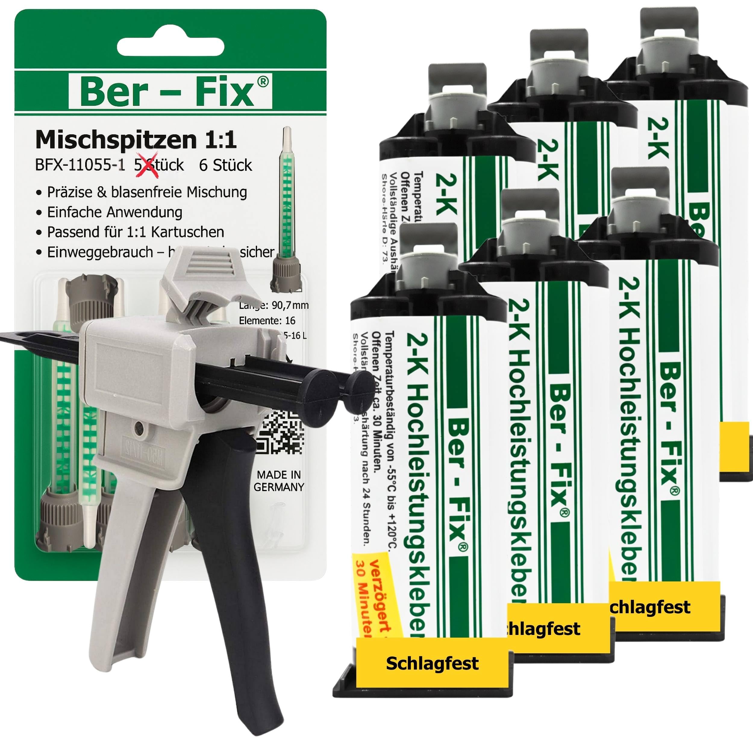 Ber-Fix Hochleistungskleber 2K MMA 30 Min 6x50g + 6 Düsen + Pistole