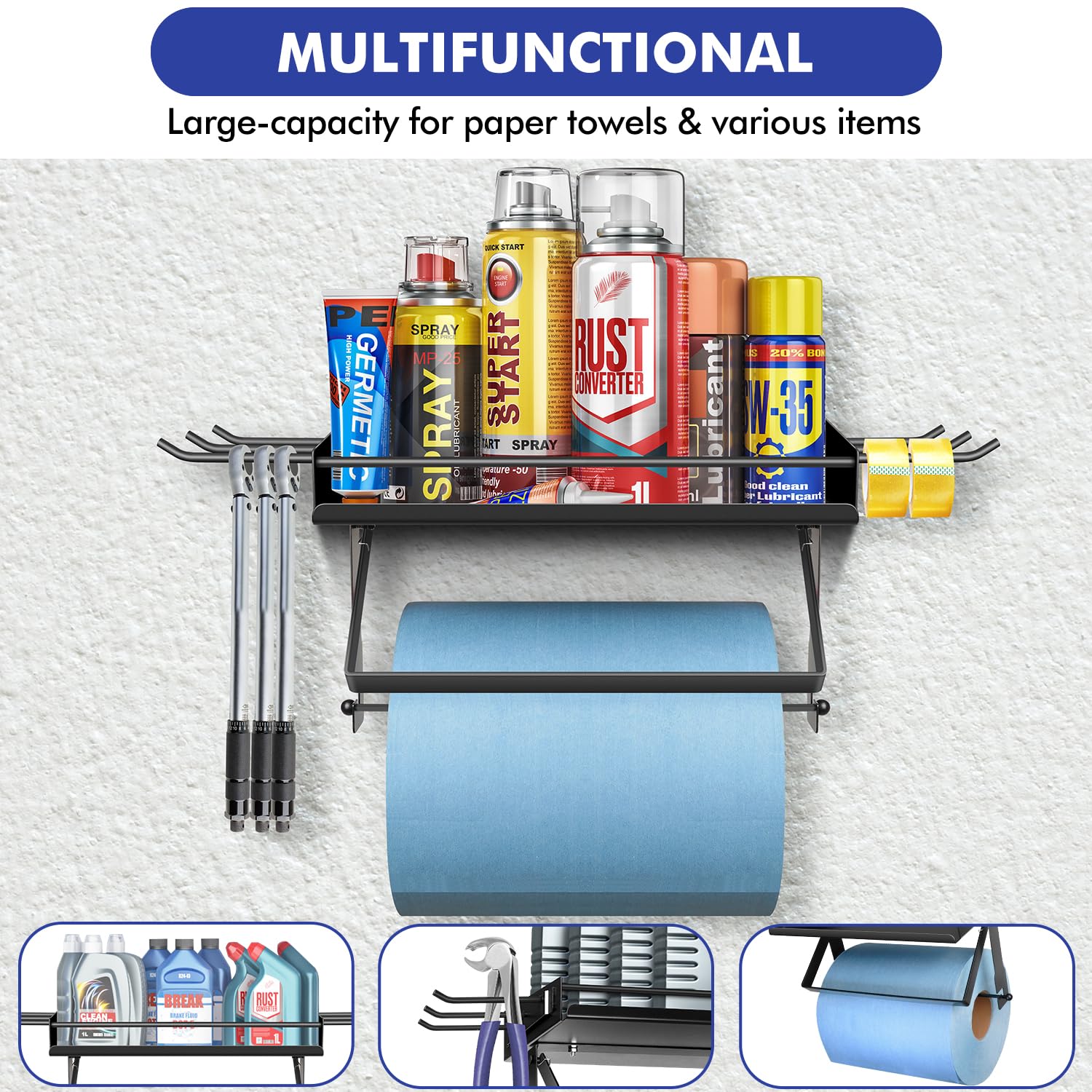 Soporte para Toallas de Papel de Garaje Mejorado con Estante, Soporte de Pared de Metal 6 Ganchos, desgarro con una Sola Mano, organización y Almacenamiento de Garaje, Resistente
