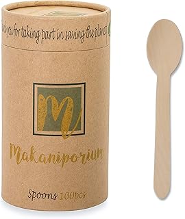 Makaniporium Wooden Disposable Cutlery - Natural Birchwood Wood - Biodegradable, Compostable & Eco Friendly - 100 Spoons Per Pack - Perfect for Any Gatherings