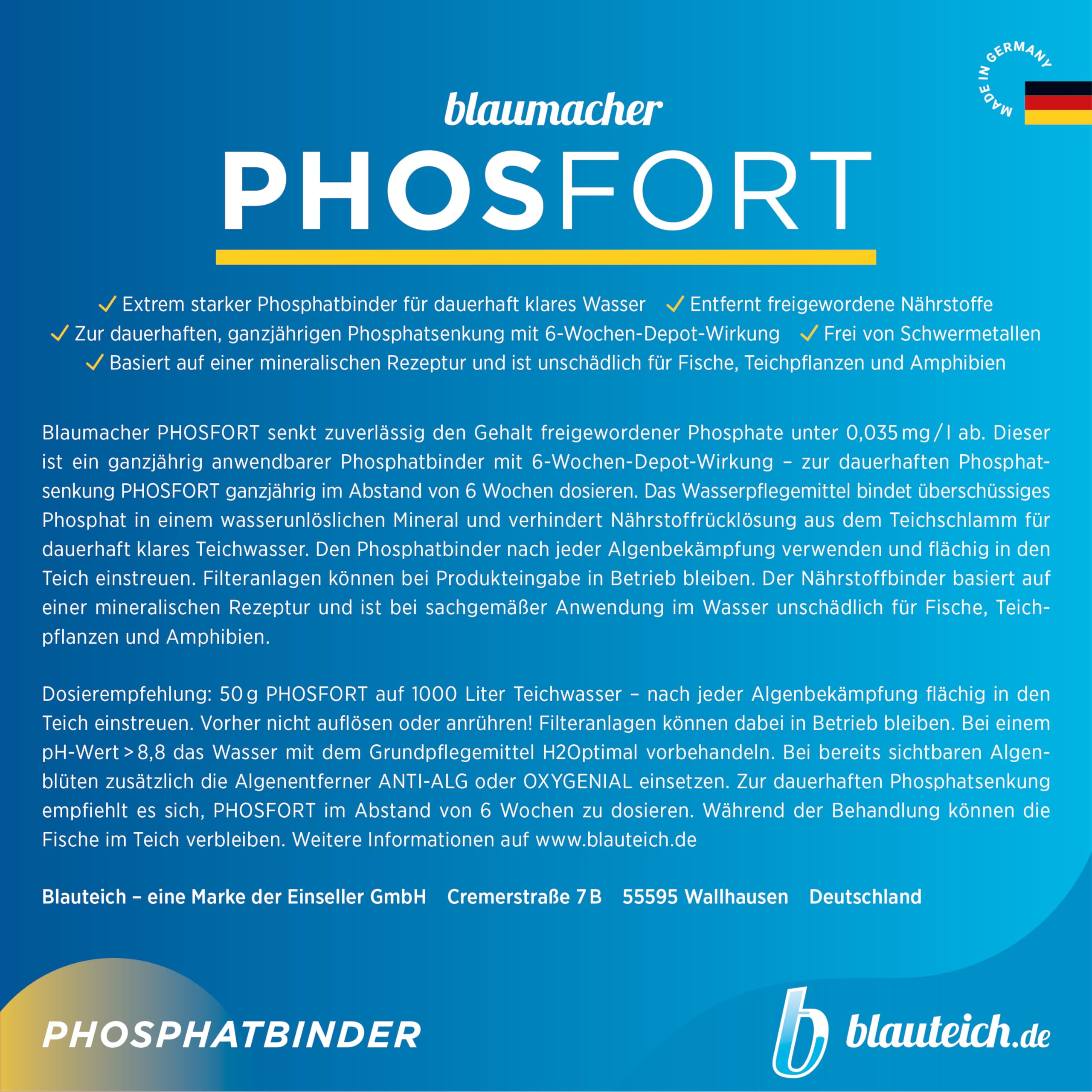 blaumacher PHOSFORT Phosphatbinder - ganzjährig anwendbare Teichpflege zur dauerhaften Phosphatbindung und Algenvorbeugung im Teich Pflanzenteich Fischteich Koiteich (1 kg)
