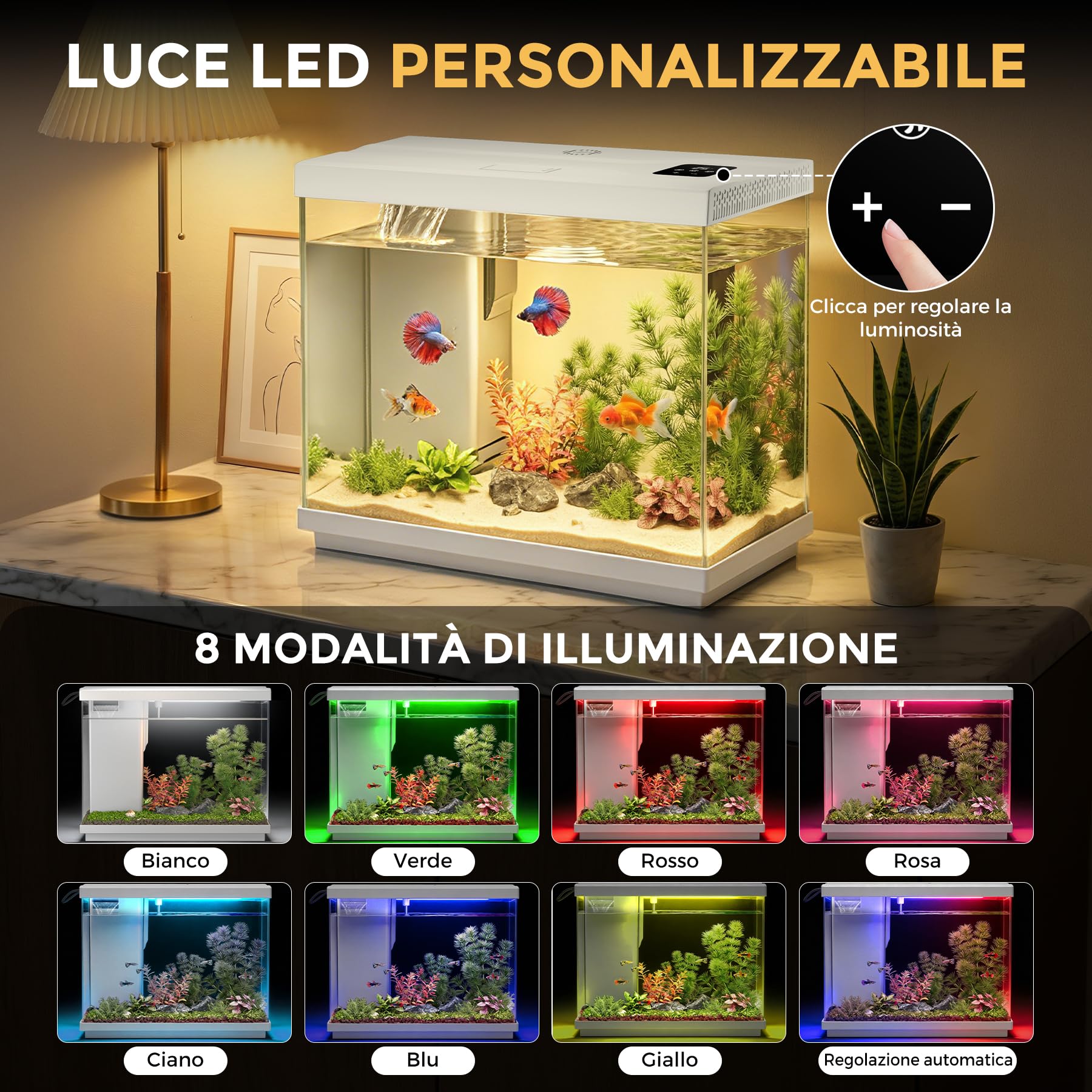 Acquario Completo 8,3 L, Acquario per Pesci Rossi Bianco | Filtro 4 in 1, pompa silenziosa, illuminazione LED a 8 colori, ventilatore, display temperatura, ideale per casa e ufficio