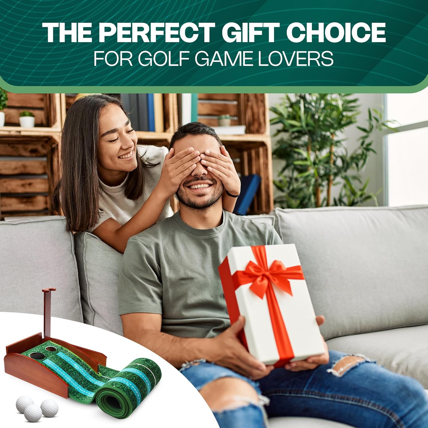 Indoor Putting Green with Motorized Ball Return, Wood Base, and Wrinkle-Free Velvet - Ideal for Golf Enthusiasts and Home or Office Use.