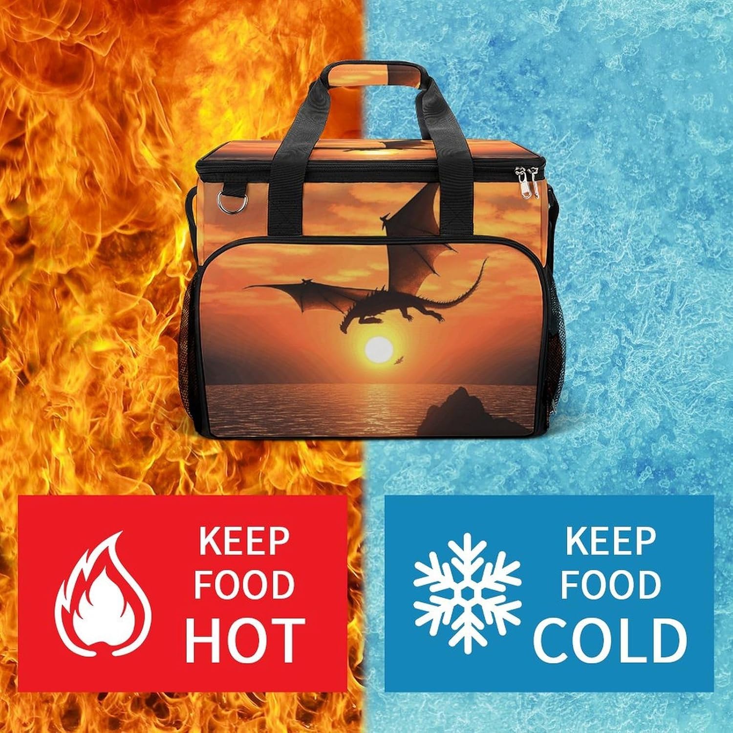 Large Capacity Oxford Cloth Sea Sunset Flying Dragon Printed Camping Ice Bag, Outdoor Portable Insulation and Cooling Bag, Suitable for Outdoor Camping and Picnics