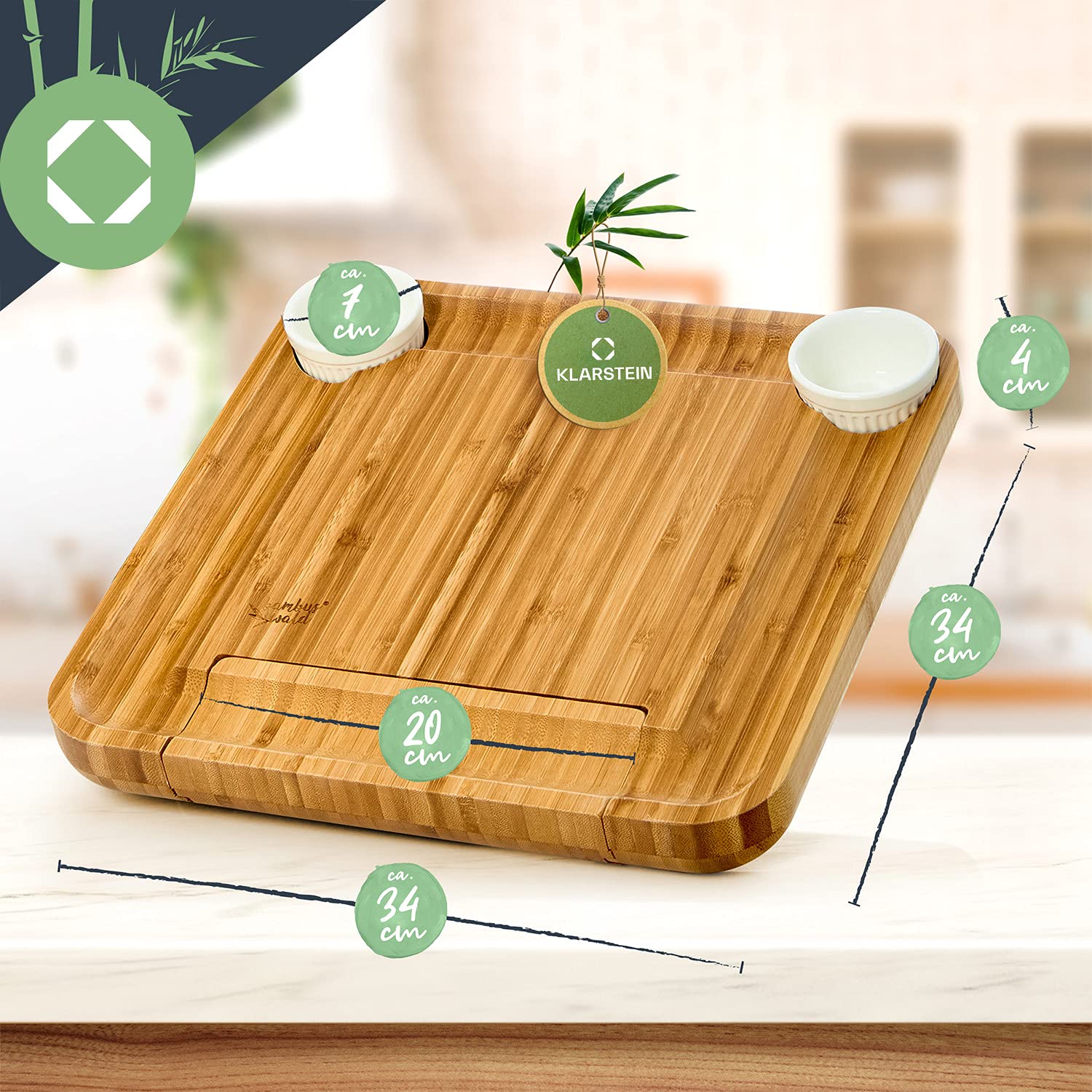 Tabla de quesos ecológica XXL incl. 4 cuchillos de queso de bambú | 34x34x4,5cm y un cajón | para servir galletas, queso, salami, tabla de cortar queso, plato para servir, tabla de quesos