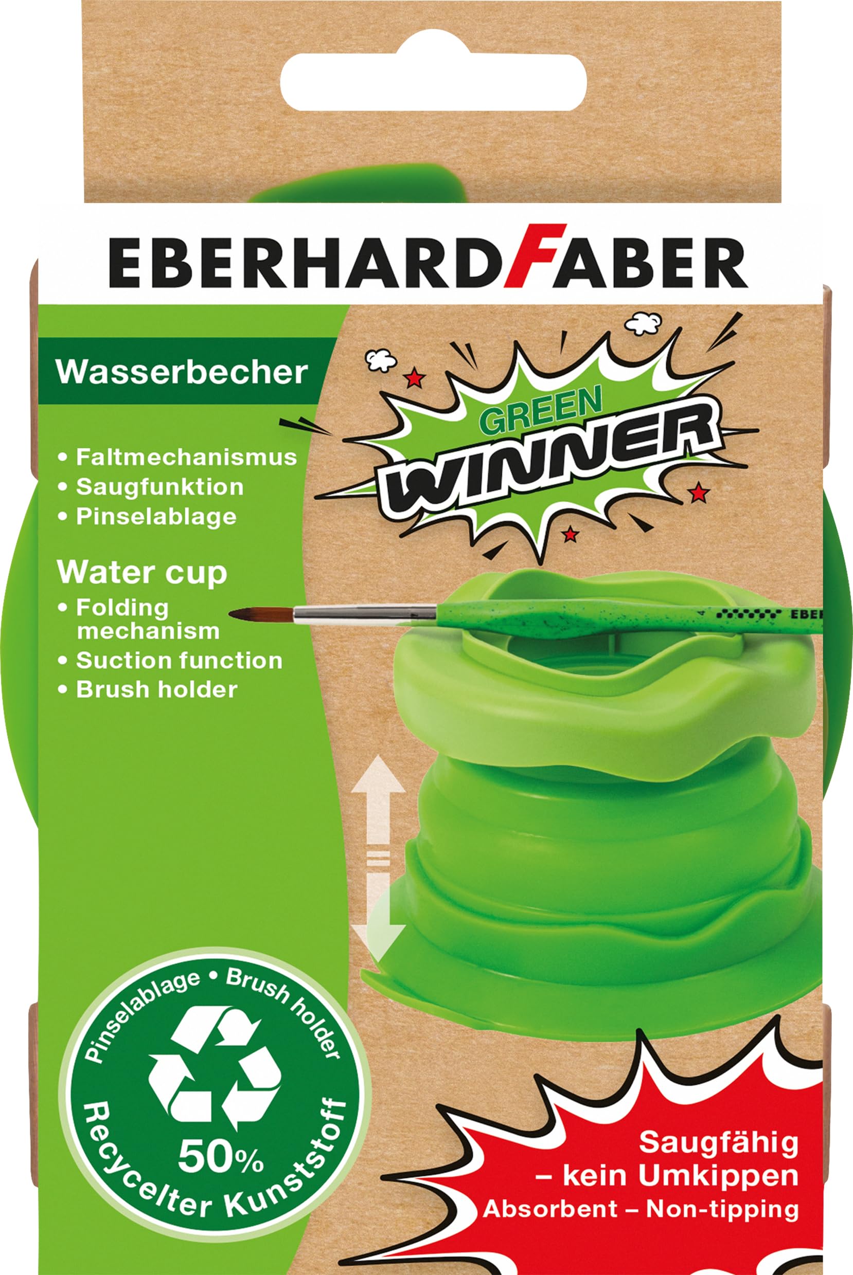 Eberhard Faber Green Winner 579935 Water Cup with Suction Function and Folding Mechanism, Silicone Brush Cup with Brush Tray, Painting and Drawing Accessories for School and Leisure