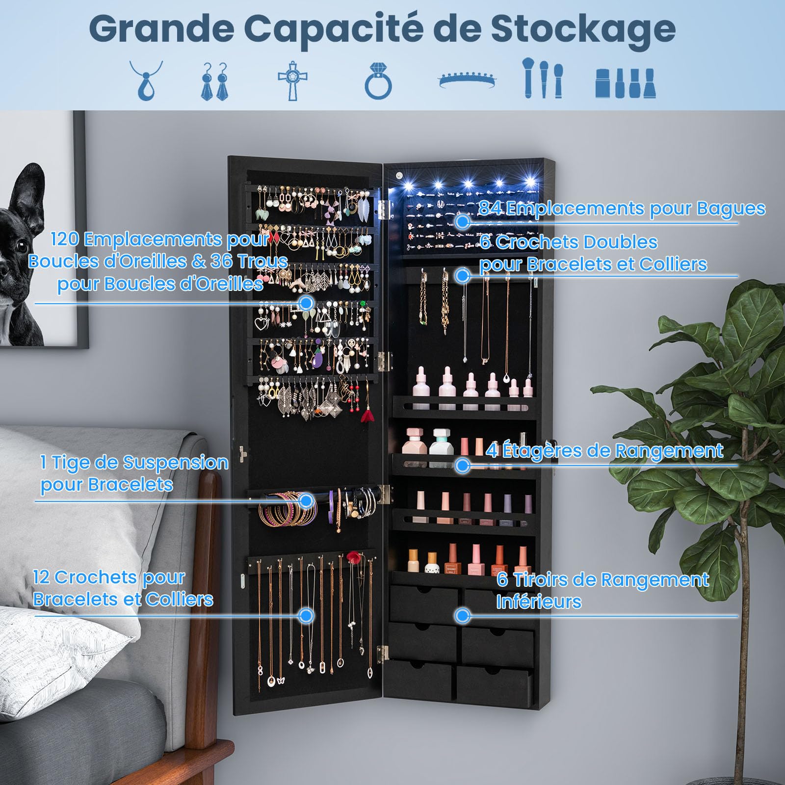 COSTWAY Armoire à Bijoux Murale avec Miroir, Inclus 5 Lumières LED, Emplacement pour Boucles d'Oreiller,Bracelets,Bag etc. Installable sur Mur ou Porte, 36,5 x 11,5 x 120 cm (Noir)