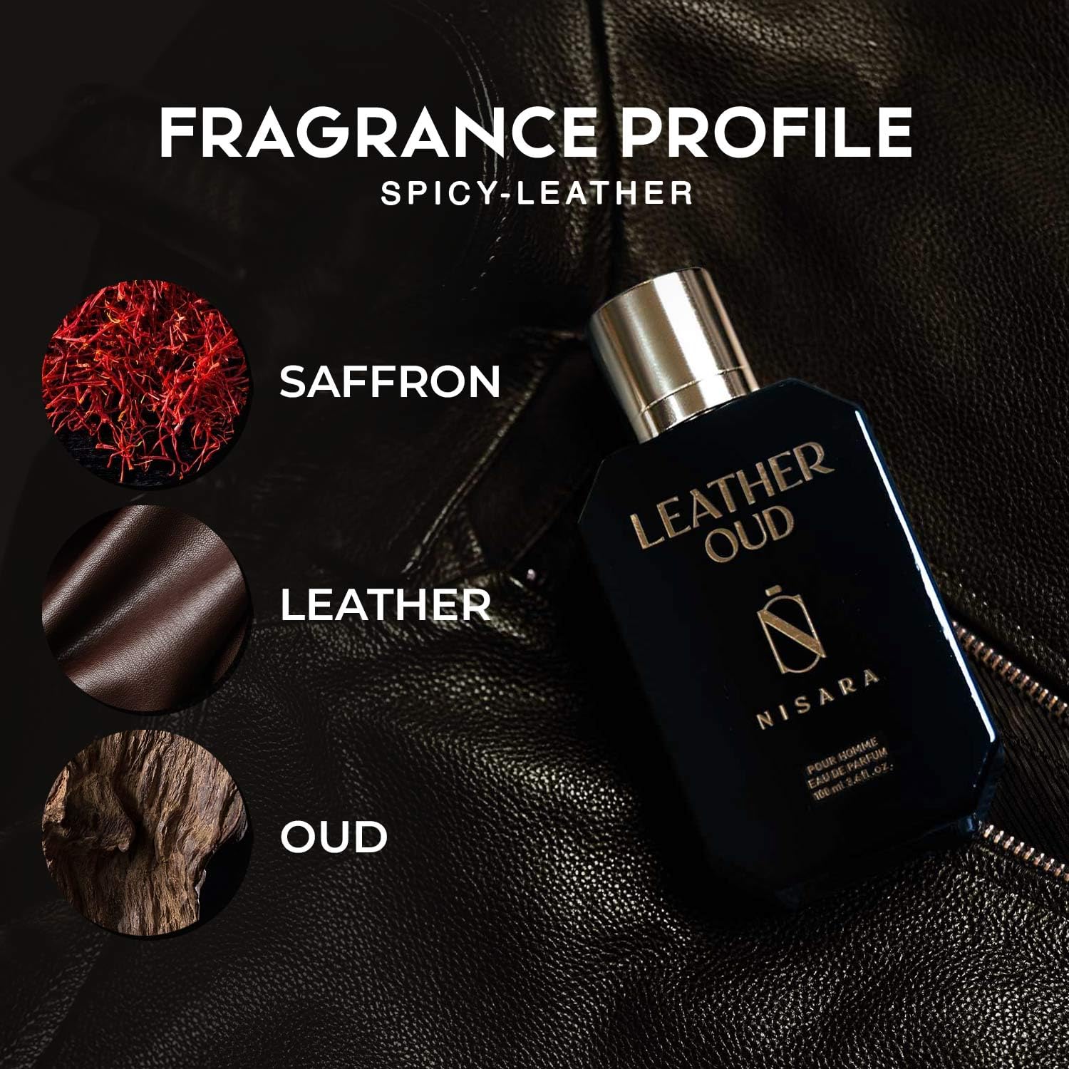 Nisara Leather Oud EDP Perfume for Men,100 ml | Premium Long Lasting Eau De Parfum | Spicy Leather Fragrance with Leather, Oud, Sandalwood, Amber, Saffron, Bergamot Notes for Him