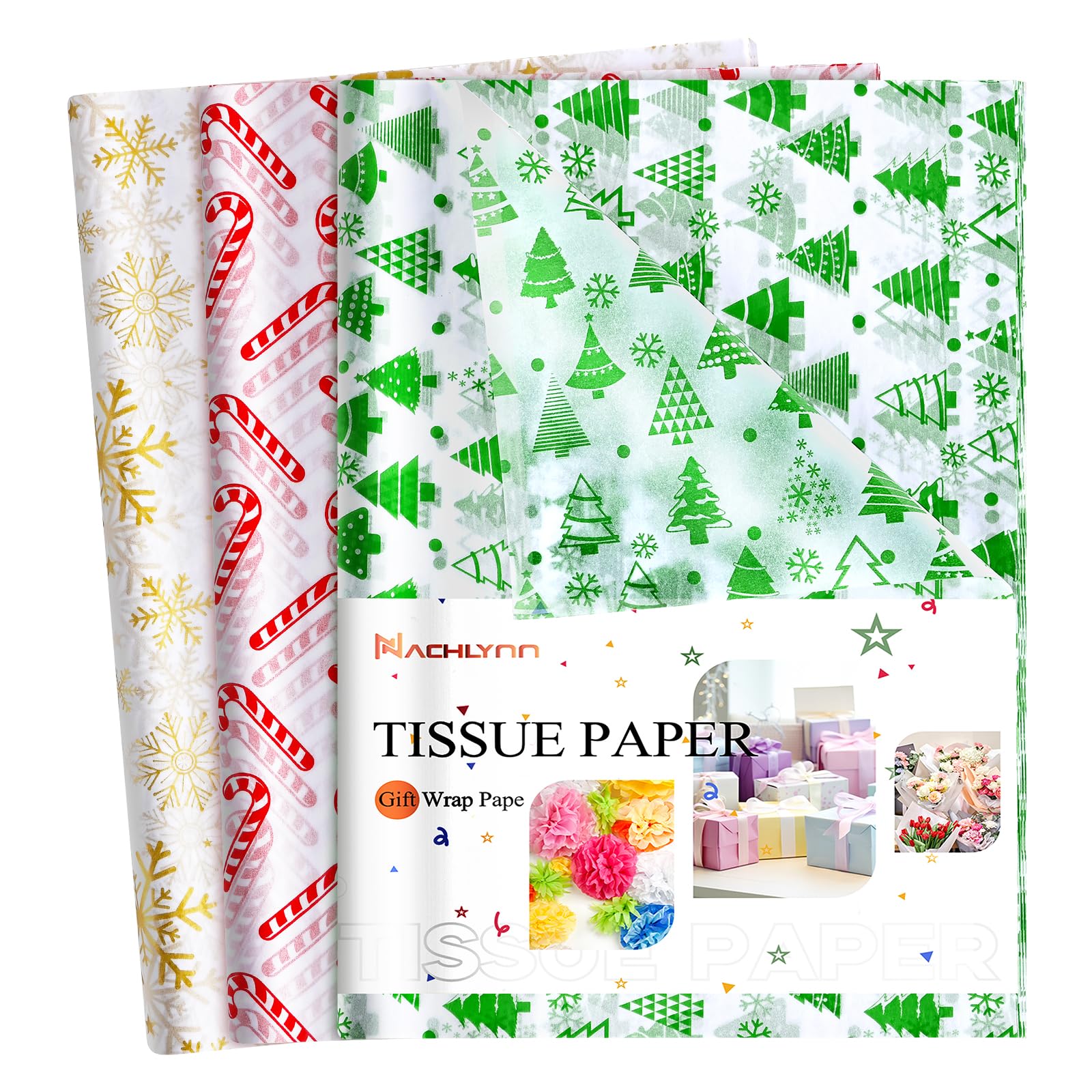 NACHLYNN 90 Sheets Christmas Tissue Paper 20 x 14 inches Baby Shower Gold Wrapping Tissue Paper Bulk for Gift Bags Packaging Christmas Party Decor (Bright Color)