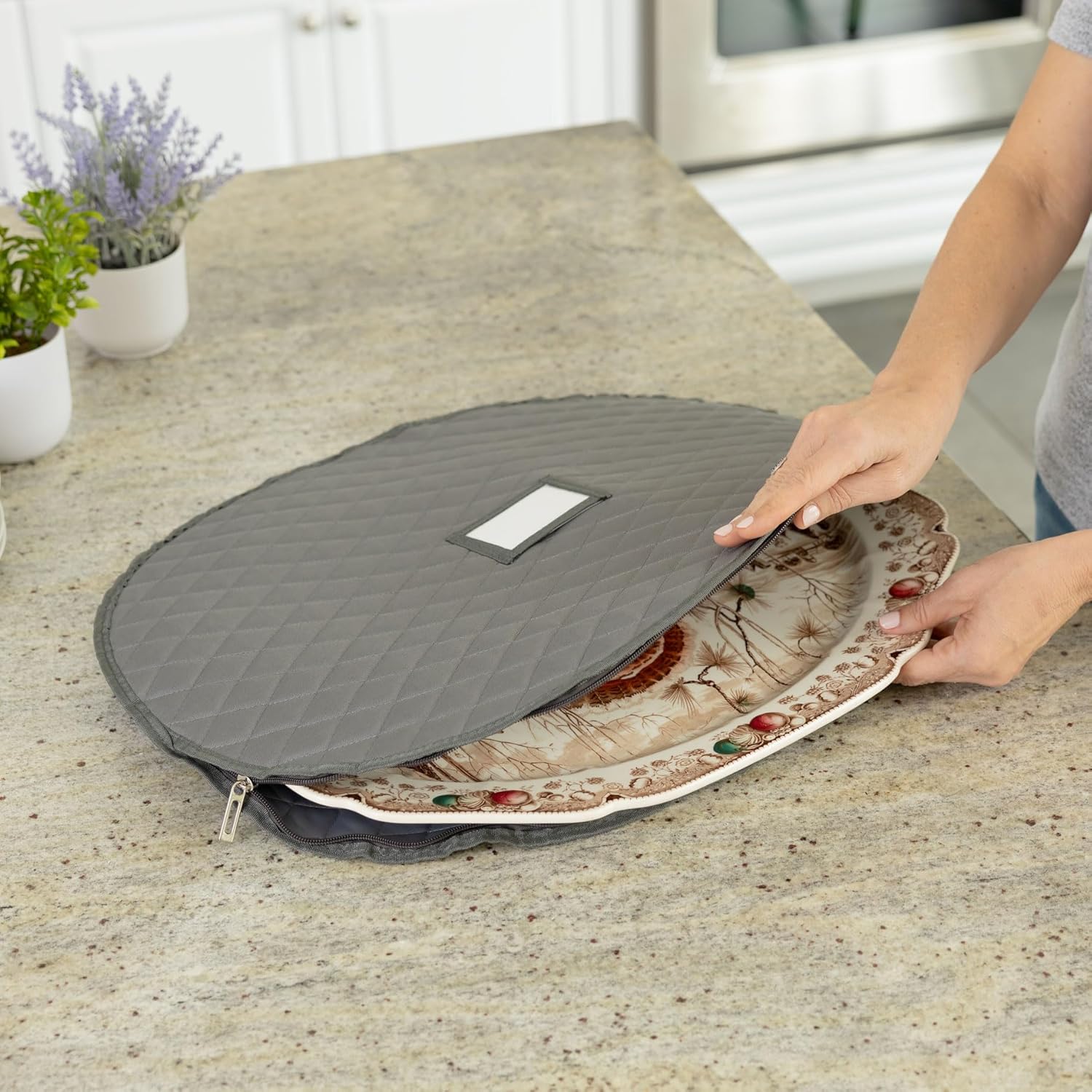 2 Pack - Large and Extra-Large Platter Storage Cases - 24" x 18" and 22" x 17" - Gray - China Storage Containers for Plates and Serveware