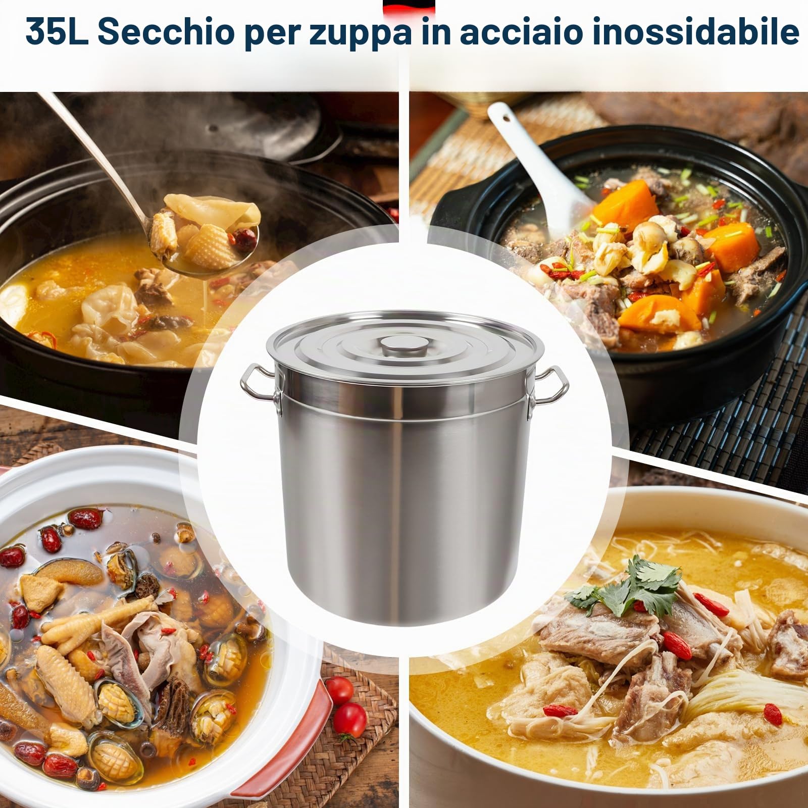 Pentola in acciaio inox, 35 cm, per cottura a induzione, 35 l, con coperchio universale