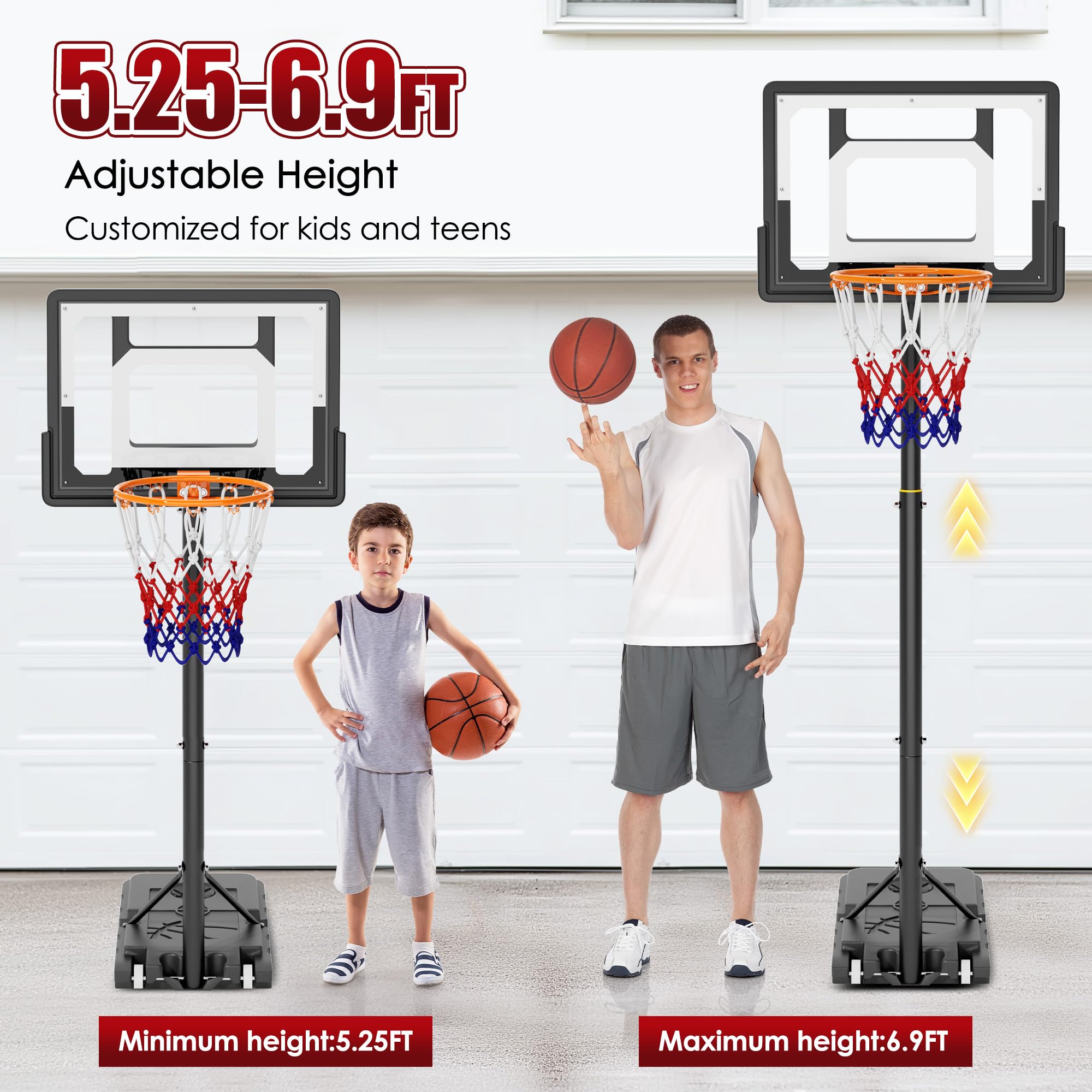 SogesHome Soporte de baloncesto ajustable en altura, canasta de baloncesto con soporte, canasta de baloncesto móvil para el jardín con ruedas, canasta de baloncesto rellenable con agua o arena