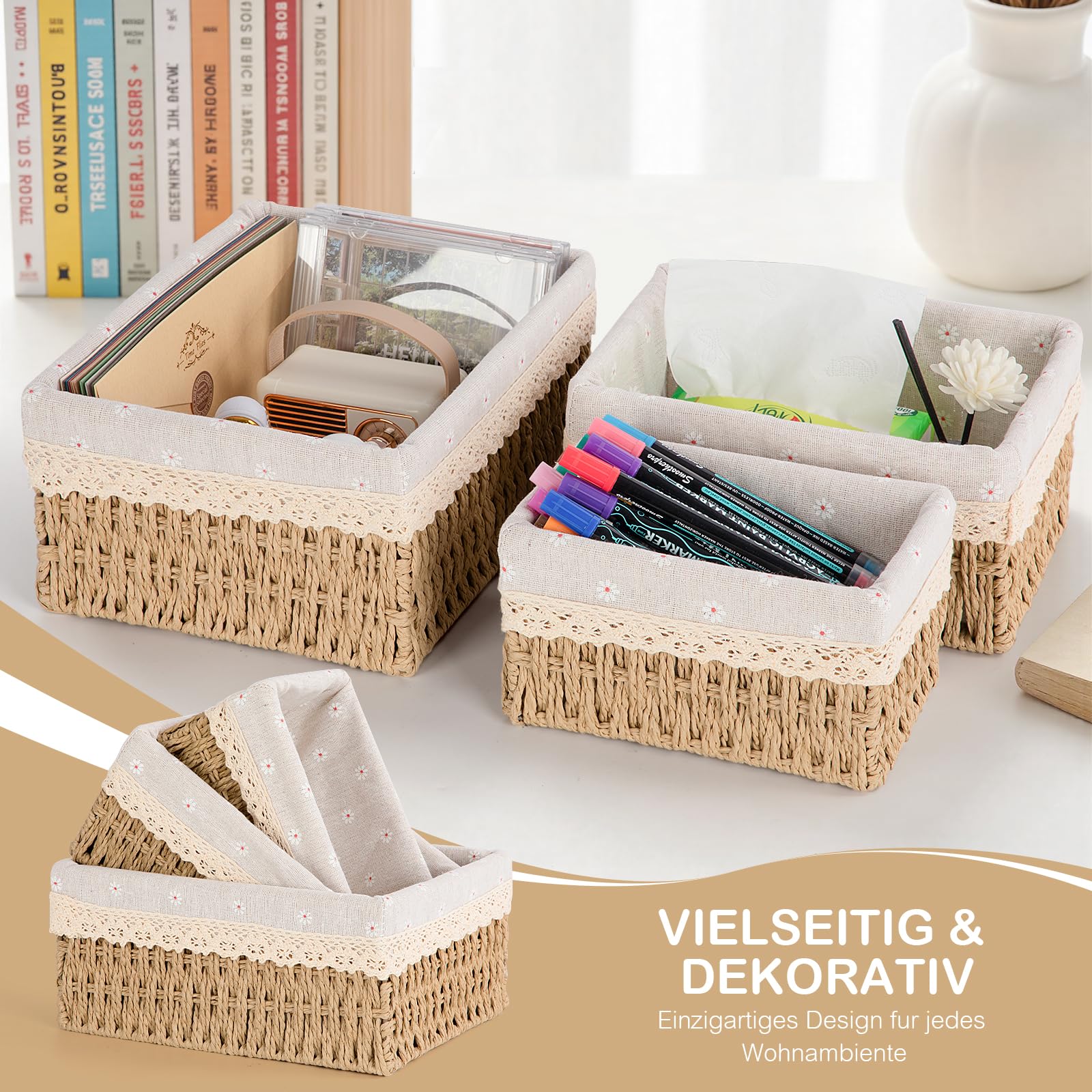 FoiiLiio Panier Rangement, Lot de 3 Paniers de Rangement Tressés, Paniers et boîtes de Rangement, Corbeille Rangement pour Salle de Bain, Cuisine, Organisateur Table a Langer Bebe (Beige)