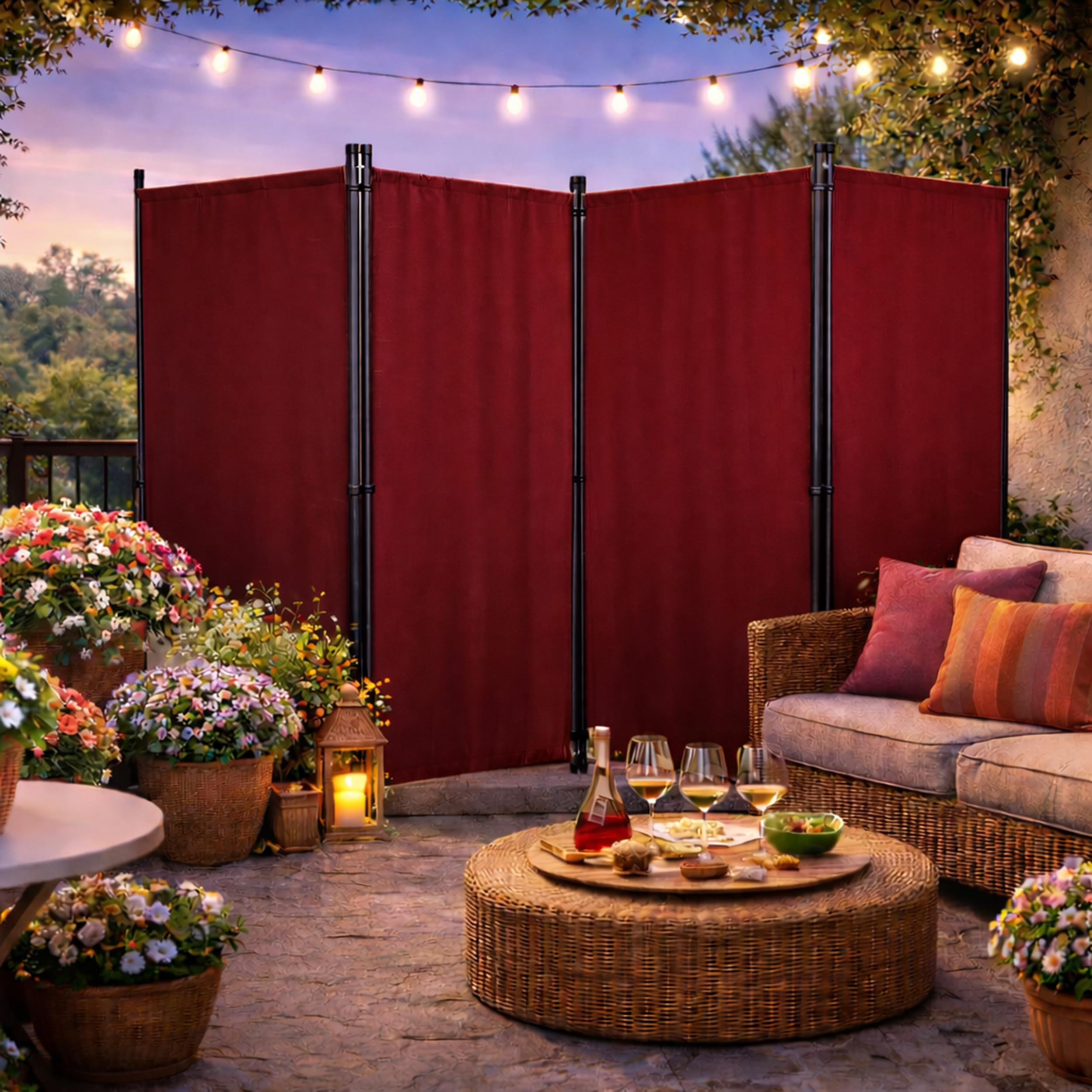 QUICK STAR Paravent 4 Teilig 165 x 220 cm Rubinrot - Garten & Balkon Sichtschutz Stellwand Innen & Außen - Raumteiler Trennwand Faltbar Blickdicht & Wetterfest