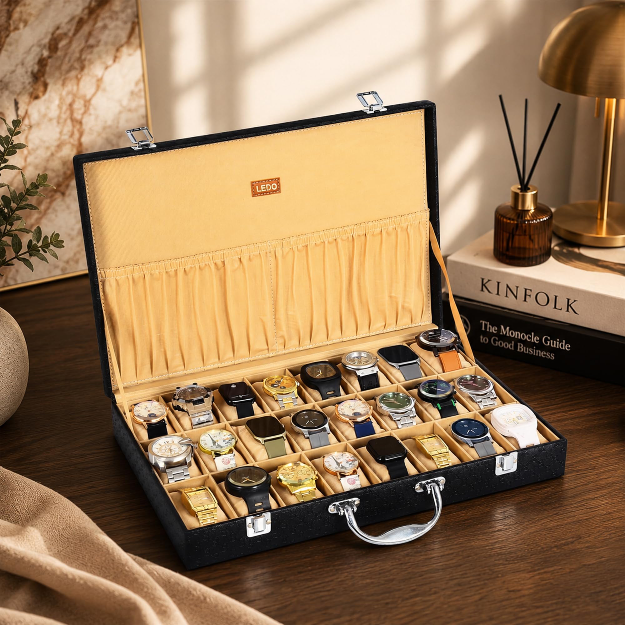 LEDO Men's and Women's Watch Box Holder Organizer Case In 24 Slots of watches In PU Leather with Royal Black color