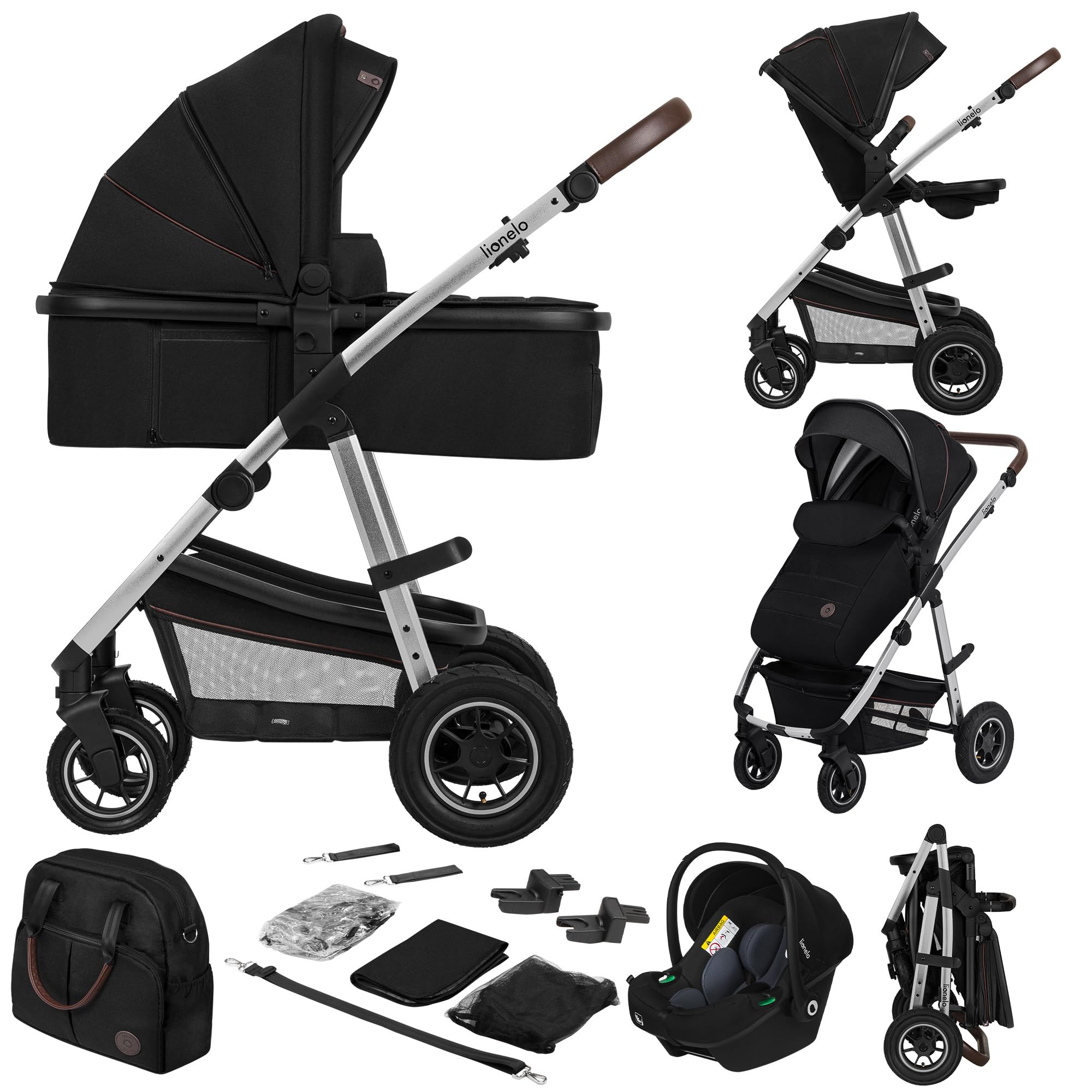 LIONELO Amber 3-in-1 Kombikinderwagen - Babywanne, Sportsitz, i-Size Autositz (40–87 cm), Luftreifen, wendbar, XXL-Dach UPF 50+, Tasche, Moskitonetz, Regenschutz